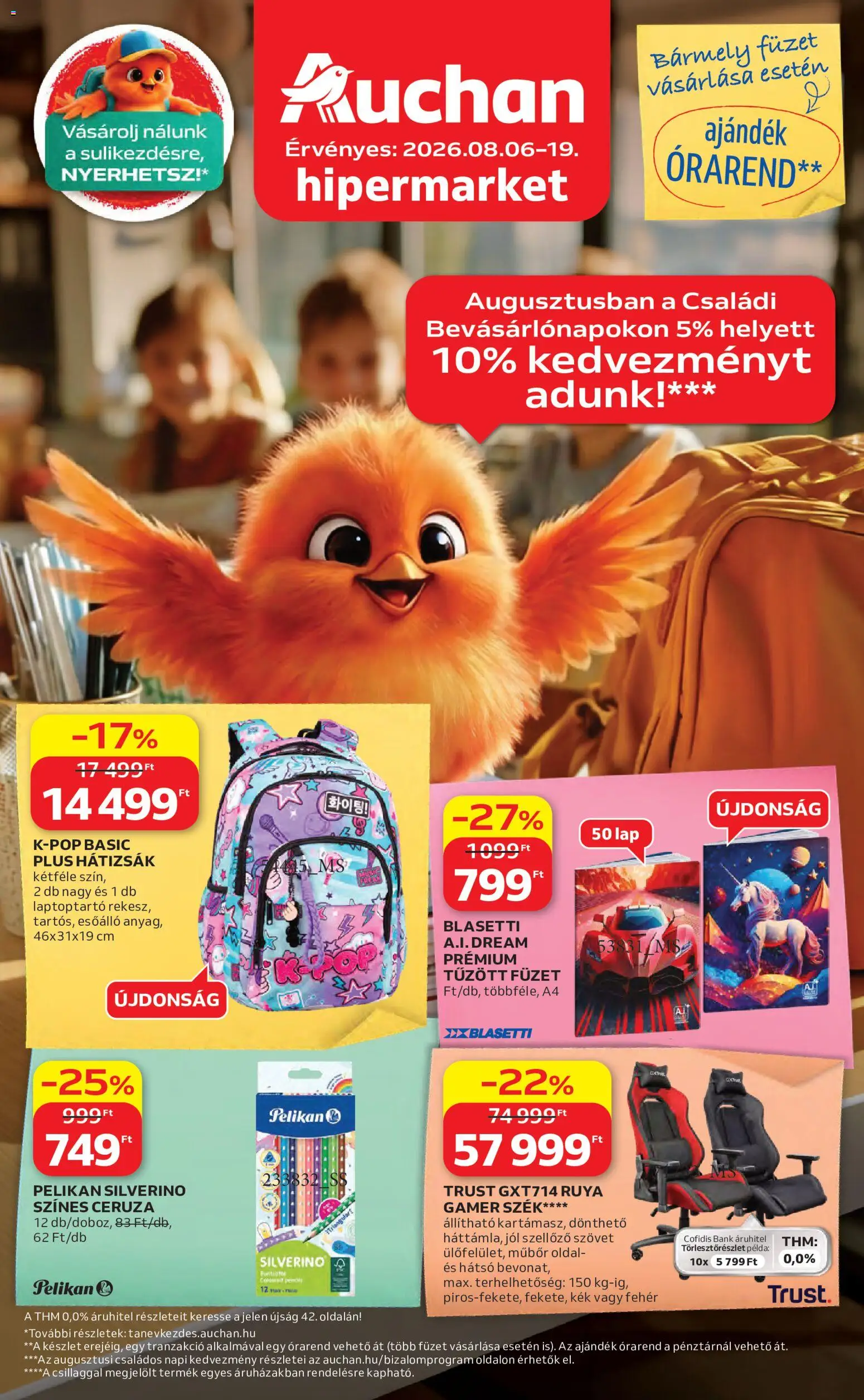 Auchan akciós ujság - amely érvényes a következő dátumtól: 2026.08.06. | Oldal: 1 | Termékek: Hátizsák, Gamer szék, Szék