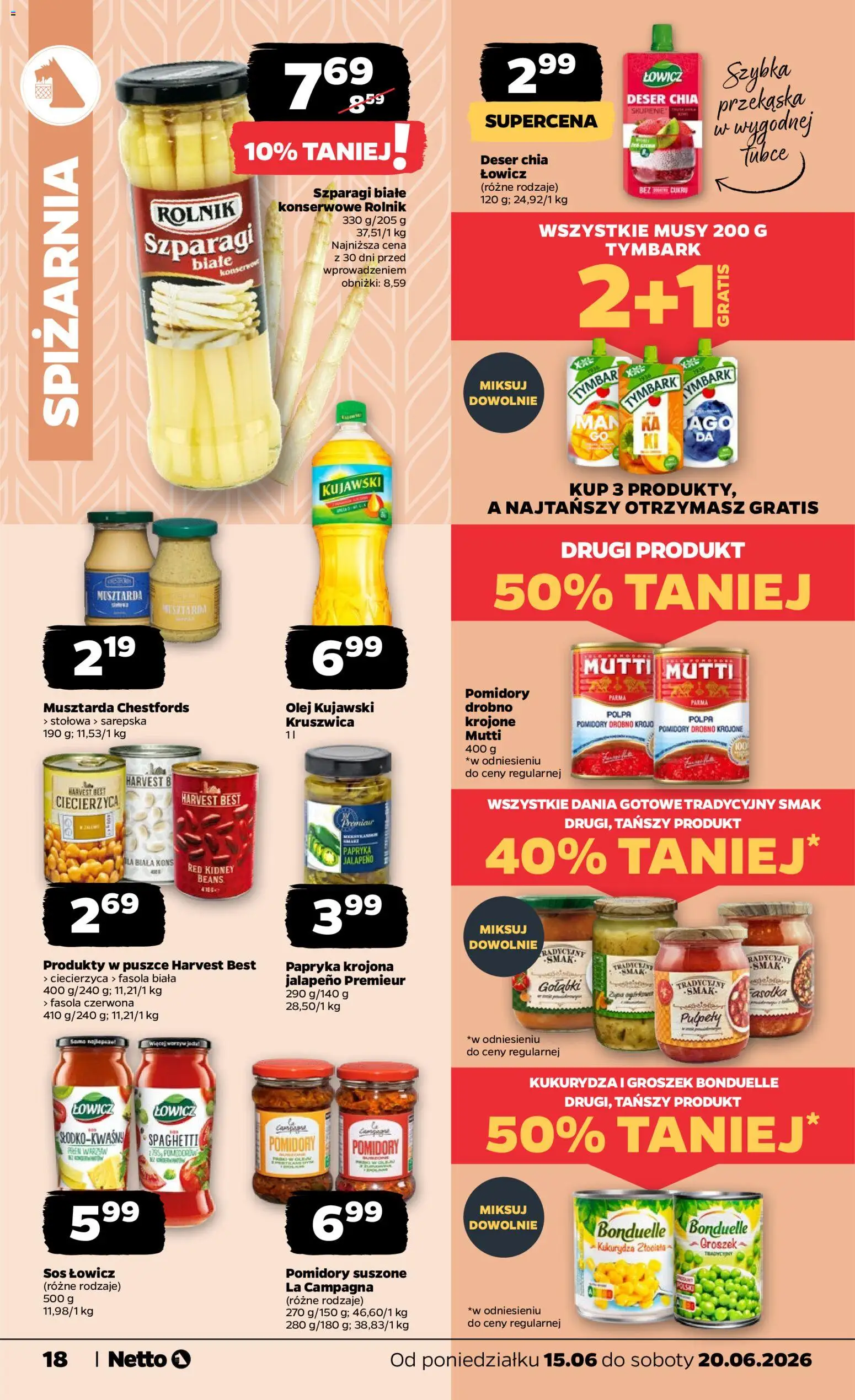 Netto gazetka od poniedziałku spożywcza od 15.06.2026 | Strona: 18 | Produkty: Kukurydza, Szparagi, Olej, Dania gotowe