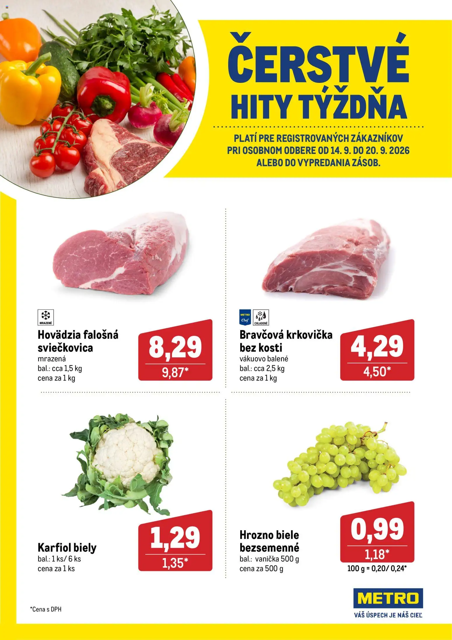 Nové Metro akcie – leták je platný od 14.09.2026 | Strana: 1 | Produkty: Karfiol, Bravčová krkovička, Krkovička, Hrozno