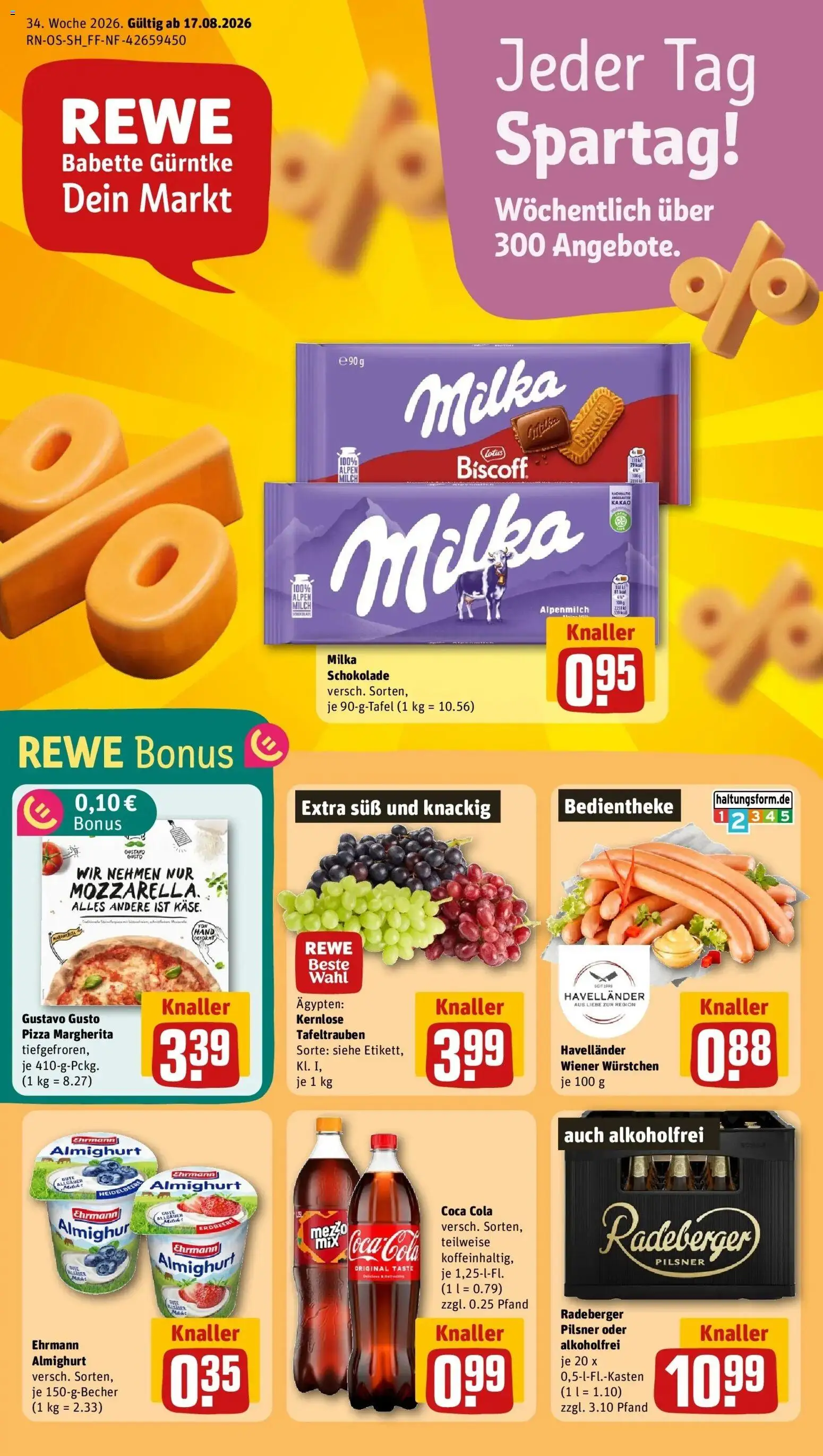 REWE Prospekt ab 17.08.2026 zum Blättern » Angebote | Seite: 1 | Produkte: Gustavo gusto, Cola, Milka, Pizza