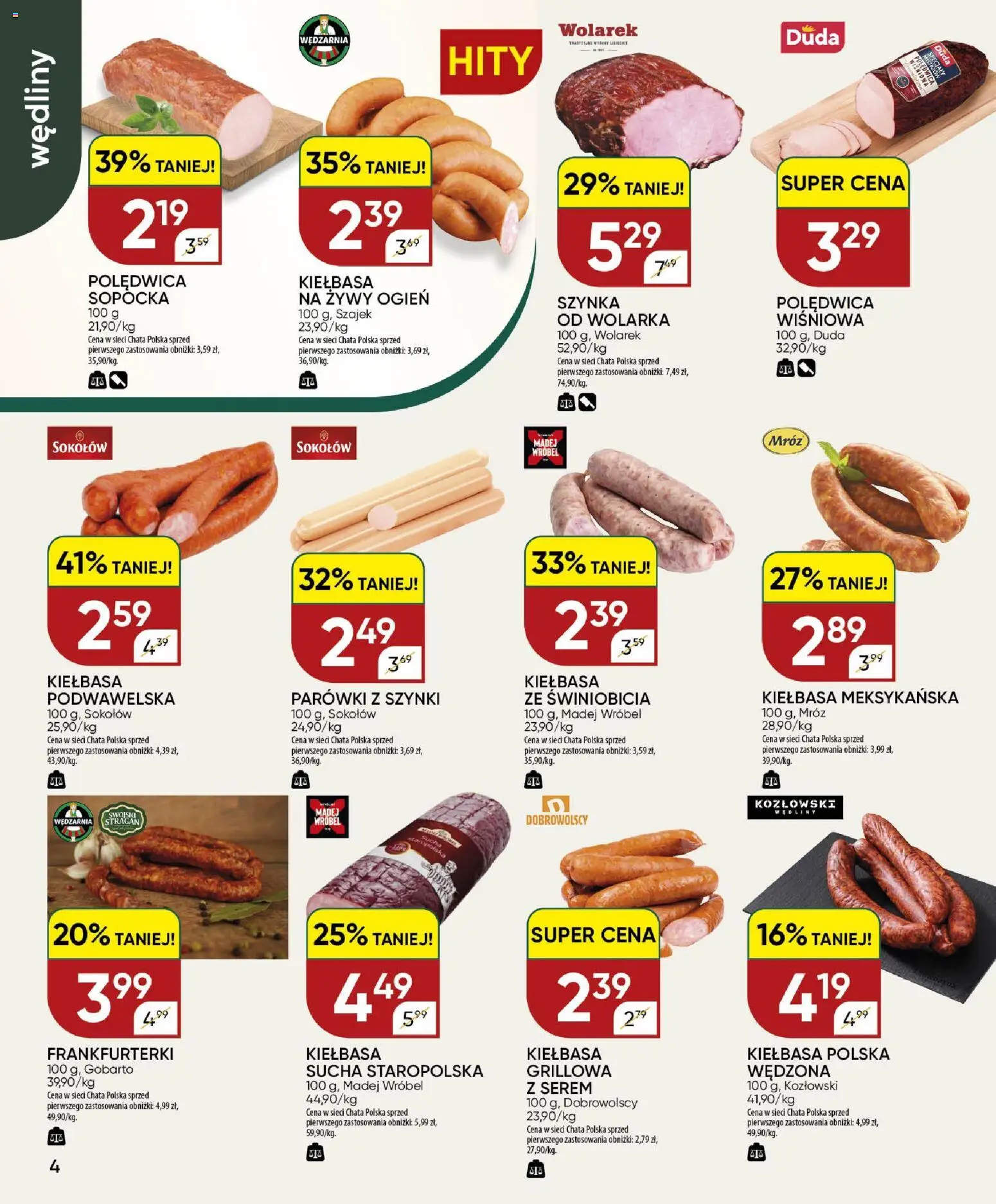 Chata Polska gazetka od 30.07.2026 | Strona: 4 | Produkty: Kiełbasa, Parówki z szynki, Parówki, Kiełbasa podwawelska