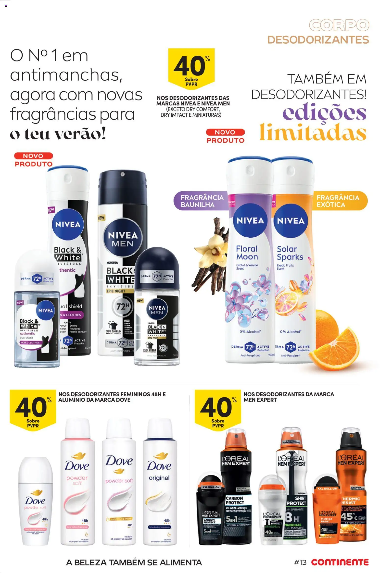Continente Beleza: Ingridientes para uma pele de verão │ válido de 19.05.2026 | Página: 13 | Produtos: Fragrância, Antitranspirante