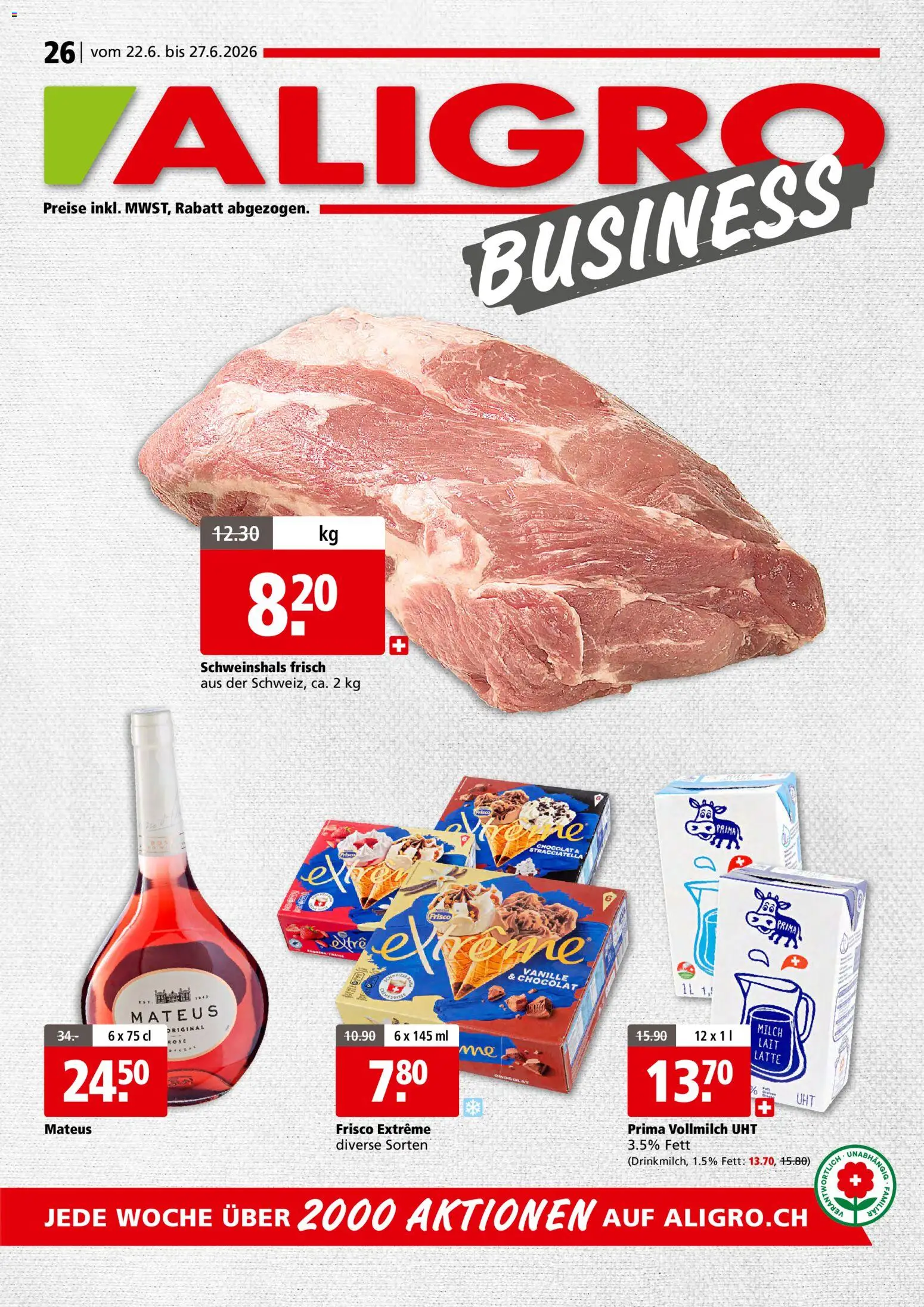 Aligro aktionen Business Schlieren, Gossau SG, Frauenfeld, Rapperswil-Jona, Sargans, Bern – gültig ab 22.06.2026 | Seite: 1