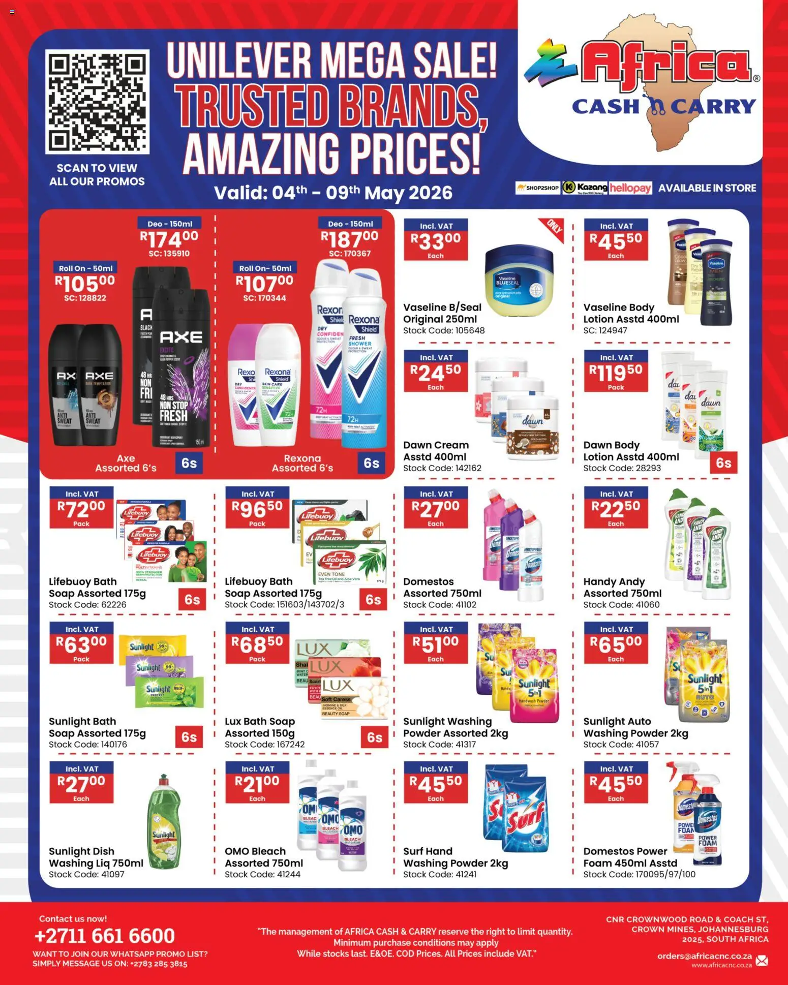 New Africa Cash & Carry catalogue – valid from 04.05.2026 | Page: 1 | Products: Handwash, Powder, Stock, Water