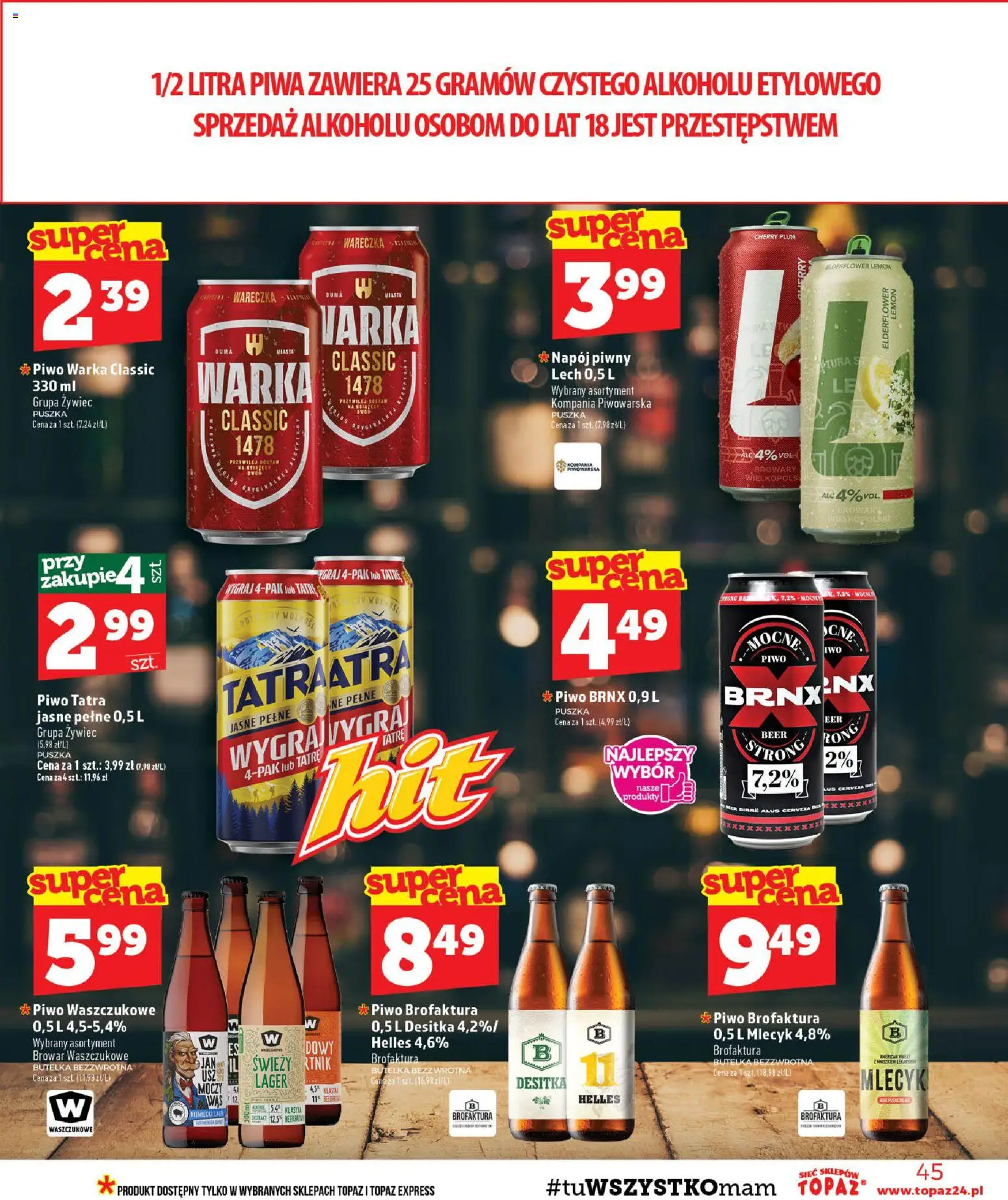 Topaz gazetka - MAZ od 03.09.2026 | Strona: 45 | Produkty: Lech, Warka, Piwo Warka, Piwo