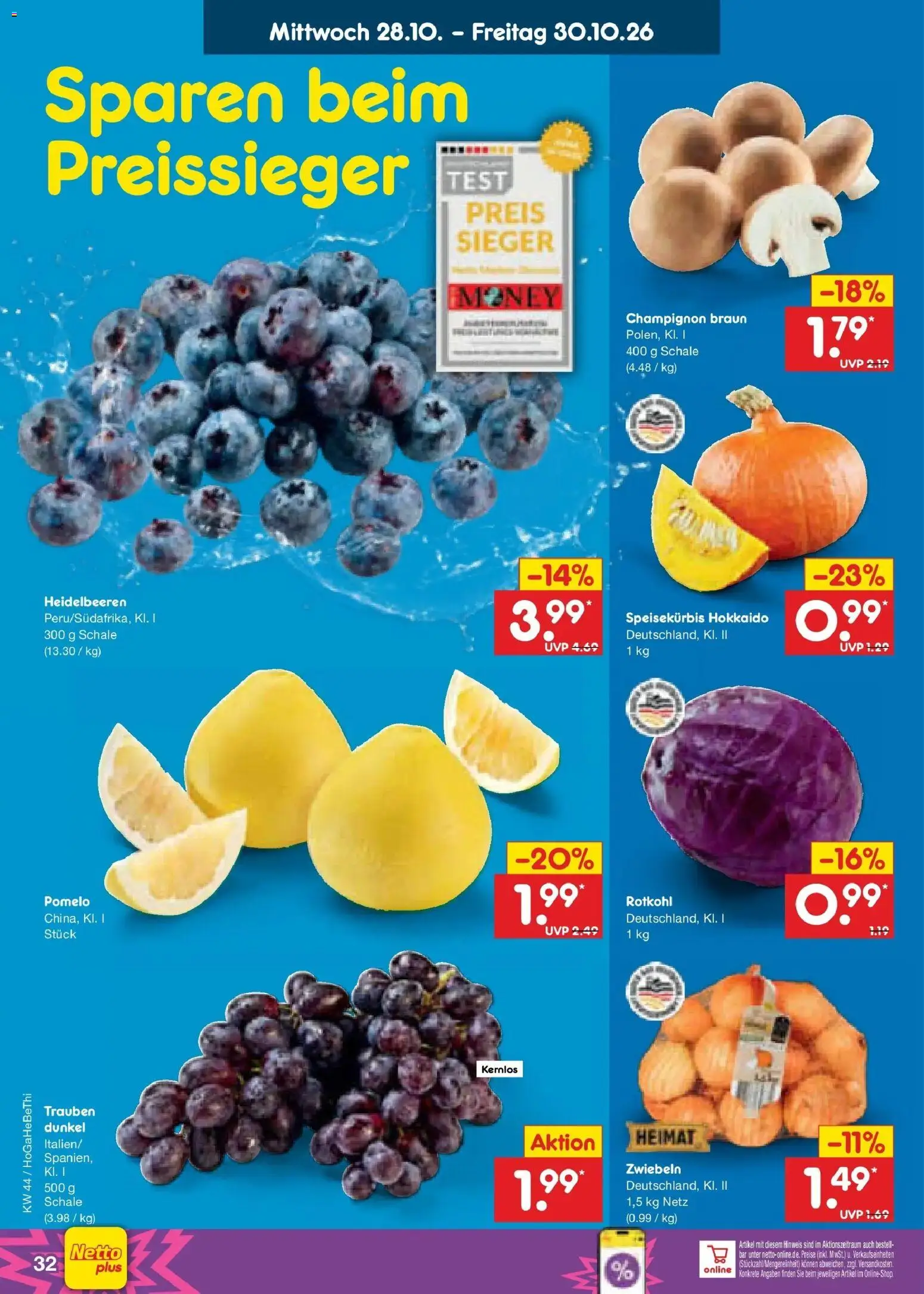 Netto Marken-Discount Prospekt Rostock – gültig ab 26.10.2026 | Seite: 48 | Produkte: Rotkohl, Trauben, Heidelbeeren, Zwiebeln