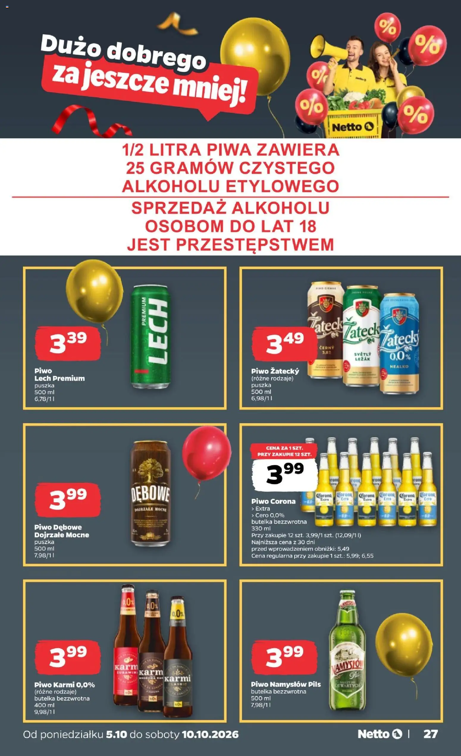 Netto gazetka od poniedziałku od 05.10.2026 | Strona: 27 | Produkty: Lech, Corona Extra, Leżak, Piwo
