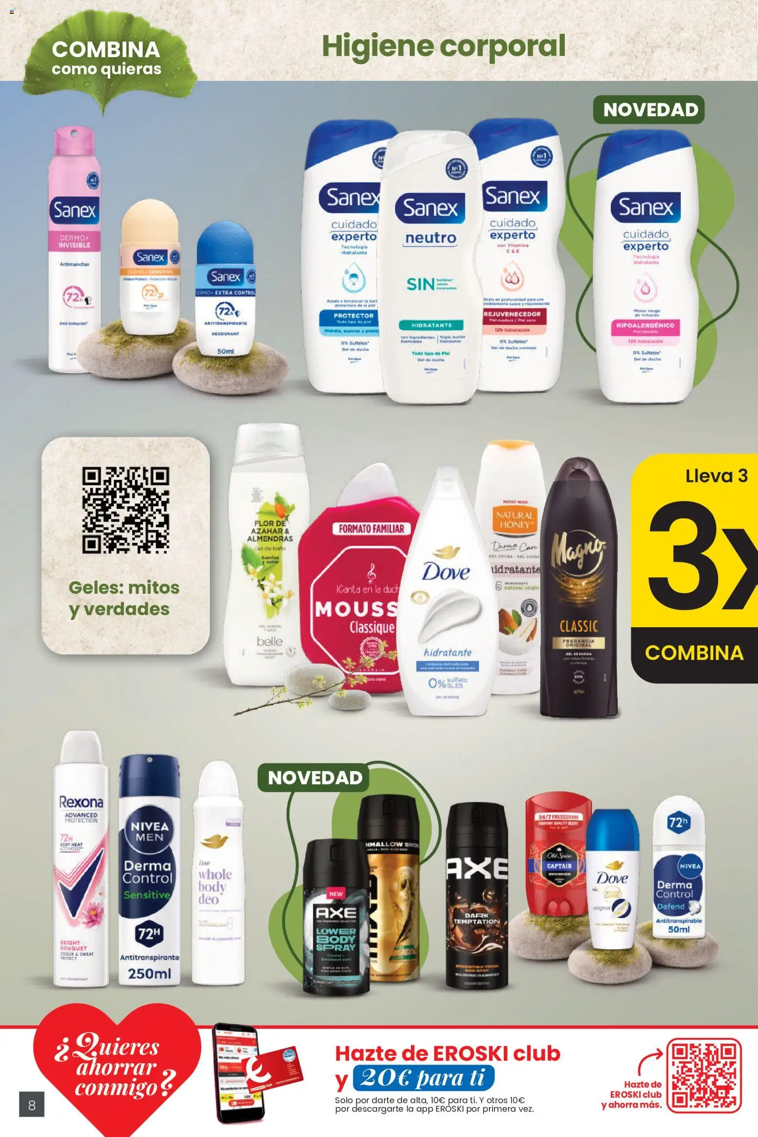 Eroski 3x2 En toda la perfumería y la parafarmacia │ válido desde el 30.04.2026 | Página: 8 | Productos: Fragancia, Gel de ducha, Gel de baño, Body