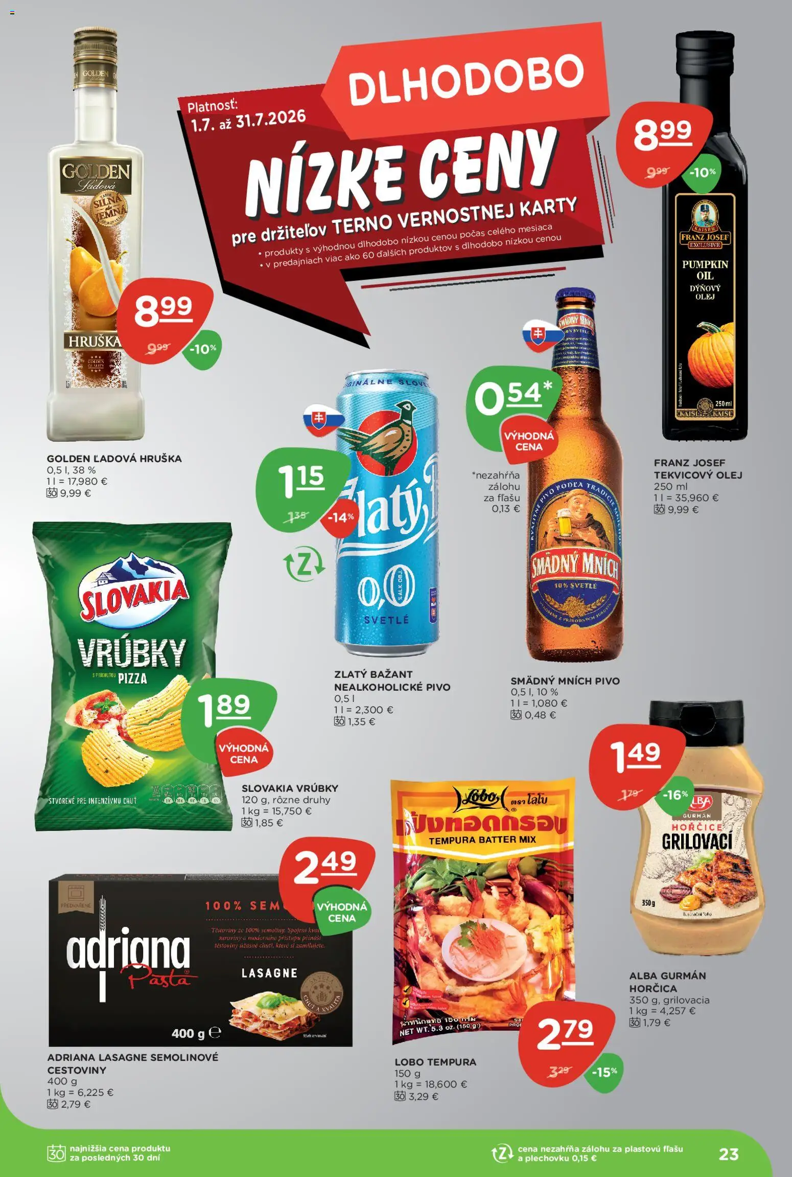 Nové Terno akcie – leták je platný od 16.07.2026 | Strana: 23 | Produkty: Pivo, Olej, Cestoviny, Zlatý Bažant