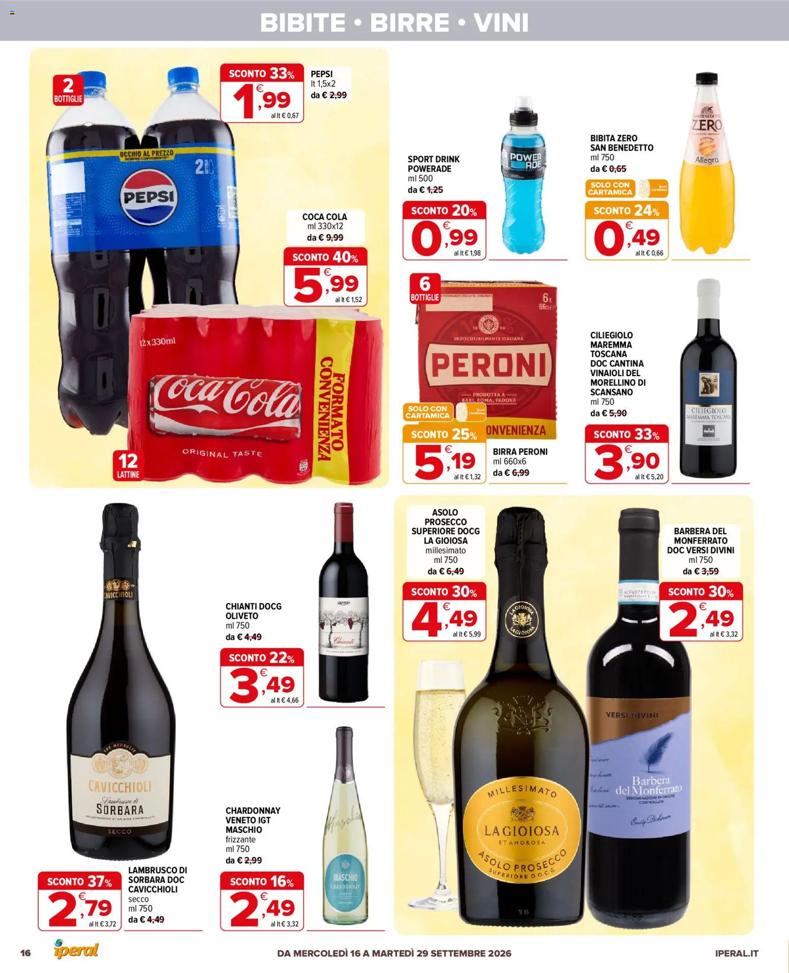 Volantino Iperal del 16/09/2026 | Pagina: 16 | Prodotti: Birra, Bibita, Lambrusco, Birra Peroni