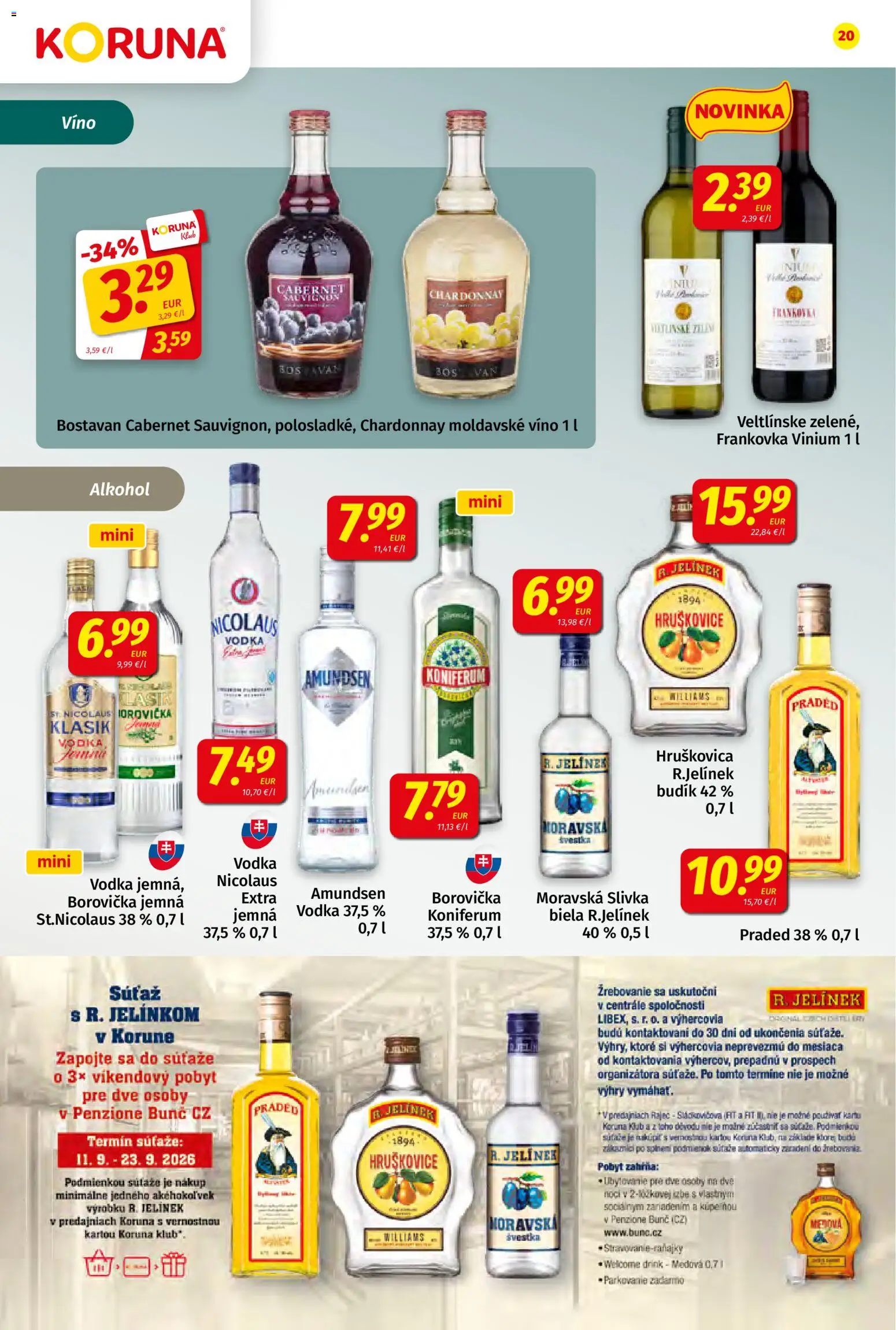 Nové Koruna akcie – leták je platný od 11.09.2026 | Strana: 20 | Produkty: Víno, Borovička, Koniferum, Alkohol
