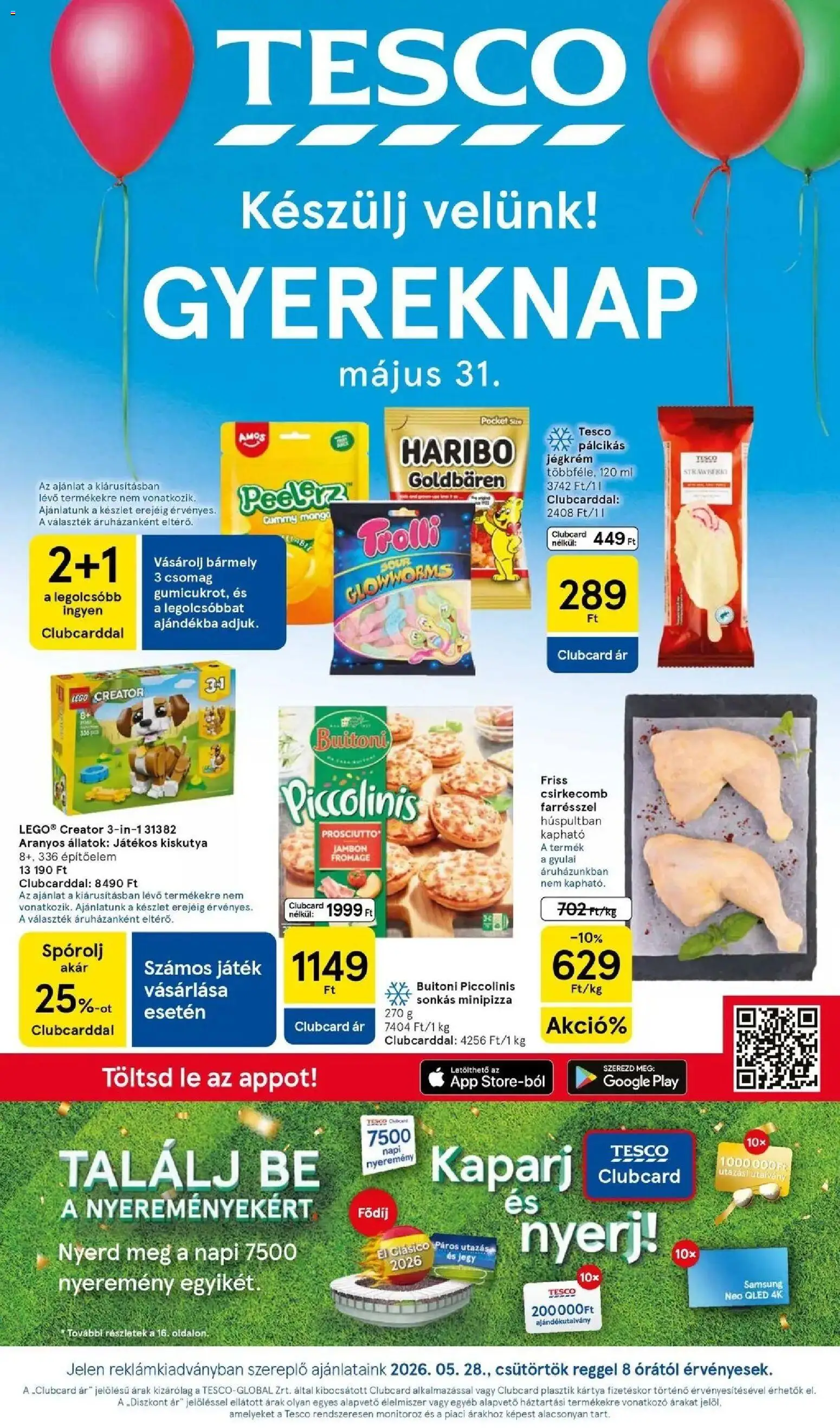 Tesco akciós ujság - amely érvényes a következő dátumtól: 28.05.2026 | Oldal: 1 | Termékek: Játék, Samsung, Jégkrém, Csirkecomb