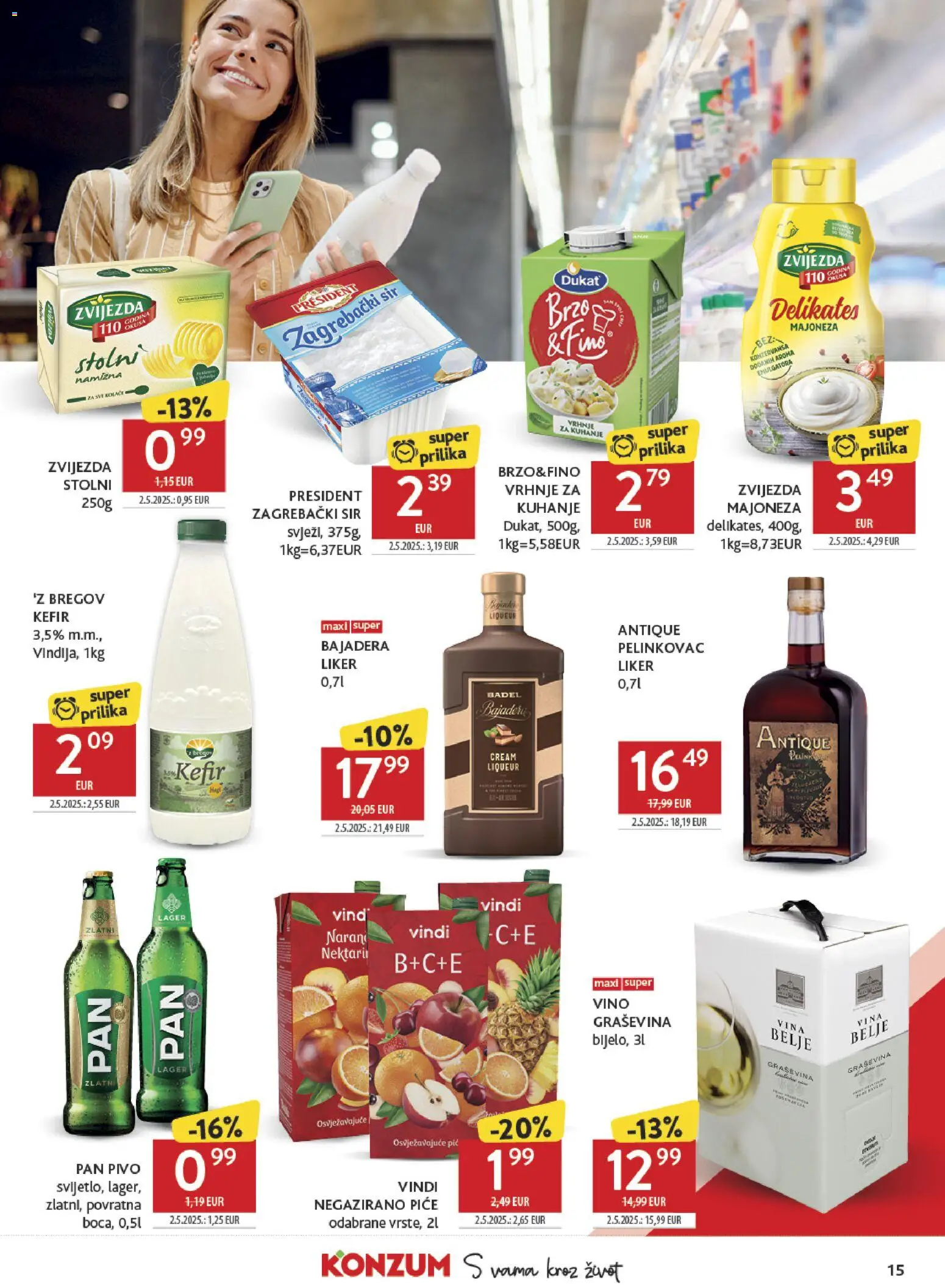 Konzum HR akciós ujság - amely érvényes a következő dátumtól: 2026.09.23. | Oldal: 15 | Termékek: Kefir, Président