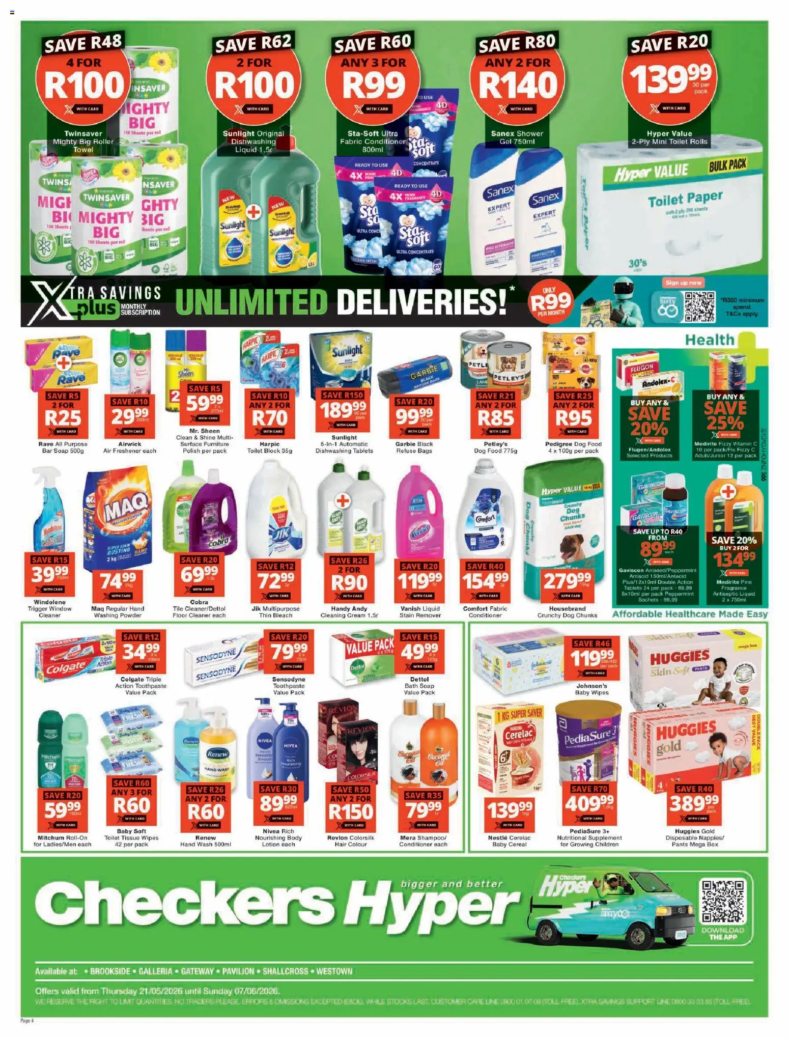 New Checkers catalogue – valid from 21.05.2026 | Page: 4 | Products: Antiseptic liquid, Toilet block, Toilet paper, Lotion