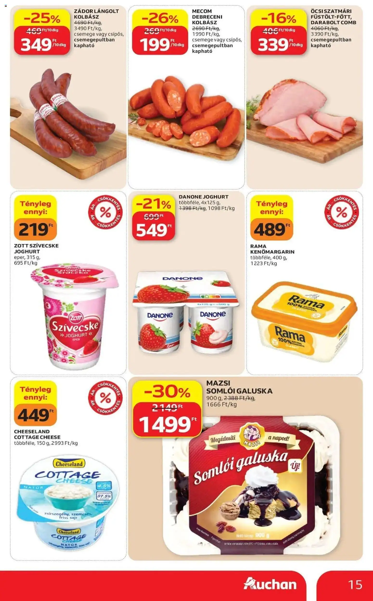 Auchan akciós újság Szolnok - 2026.10.01. -tól/töl > akció, lapozható szórólap 🛍️ | Oldal: 15 | Termékek: Debreceni kolbász, Kolbász, Somlói galuska, Lángolt kolbász