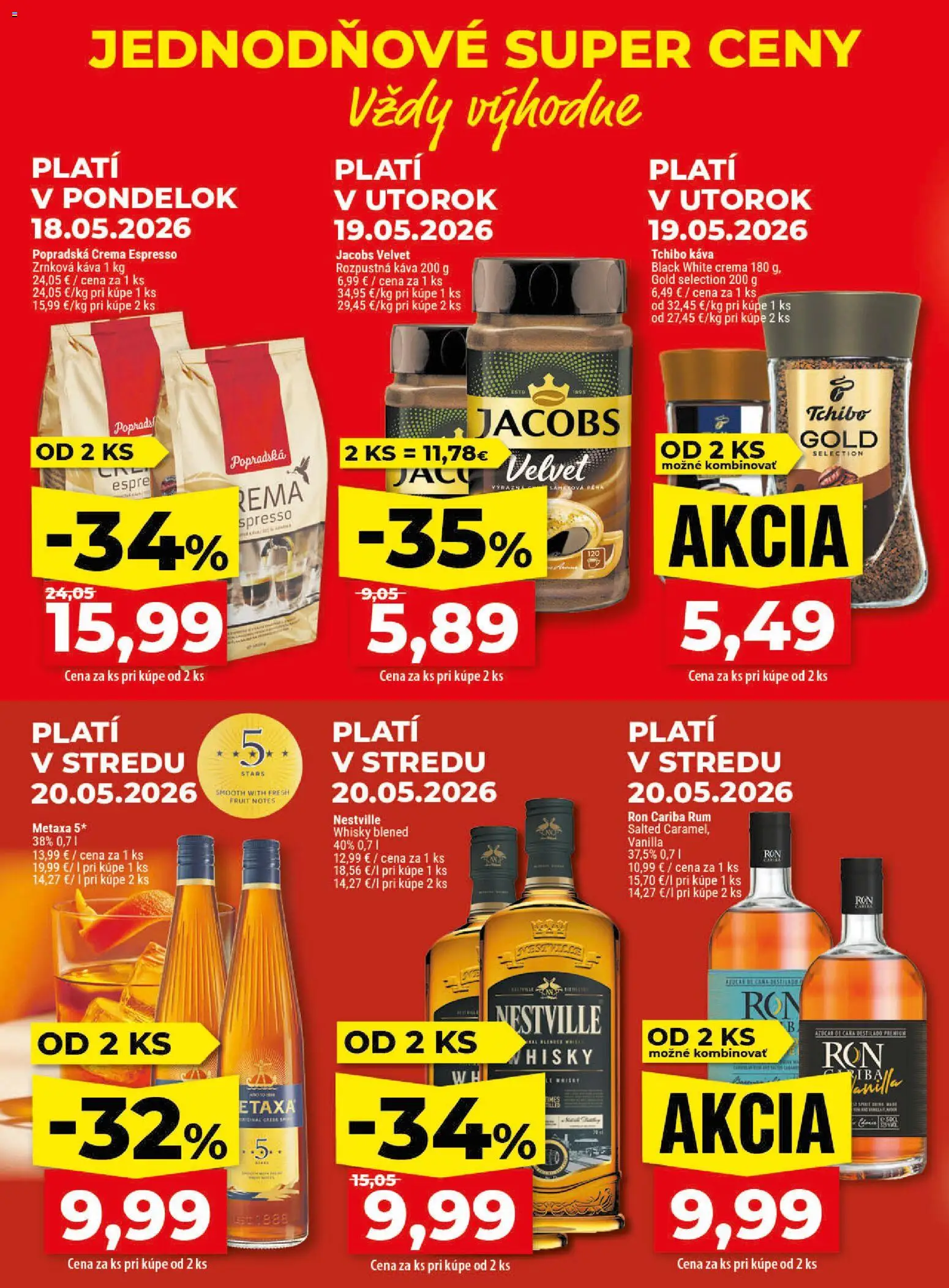 Nové Klas akcie – leták je platný od 18.05.2026 | Strana: 2 | Produkty: Jacobs Velvet, Metaxa, Káva, Rum