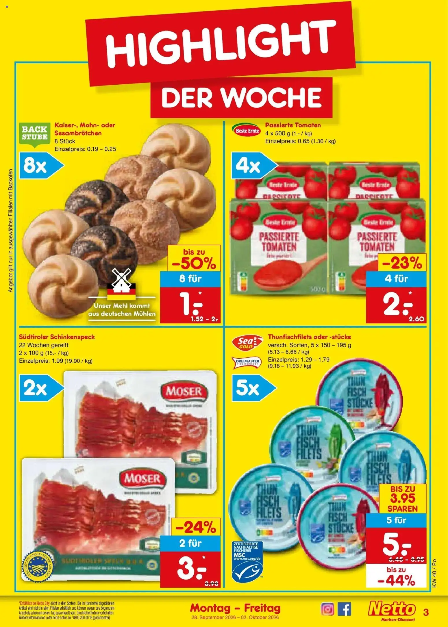 Netto Marken-Discount Prospekt Regensburg – gültig ab 28.09.2026 | Seite: 3 | Produkte: Mehl, Tomaten, Fisch