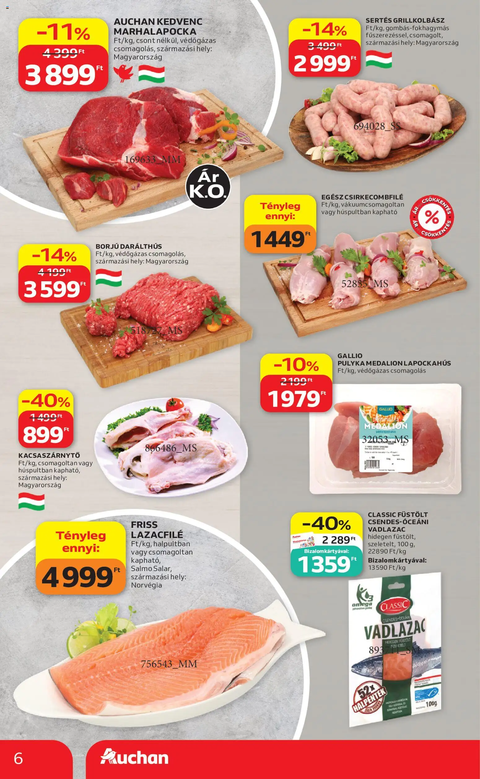 Auchan akciós ujság - amely érvényes a következő dátumtól: 2026.07.16. | Oldal: 6 | Termékek: Grillkolbász, Lazacfilé, Csirkecombfile