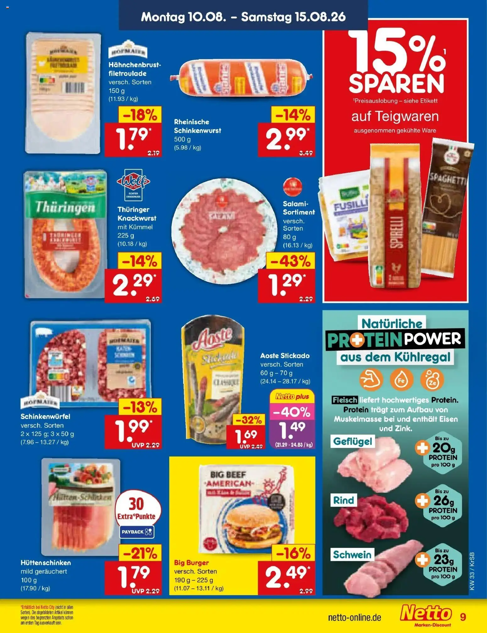 Netto Marken-Discount Prospekt Jüchen (ab 10.08.2026) » Angebote | Seite: 9 | Produkte: Spaghetti, Burger, Schinken, Hahnchenbrust