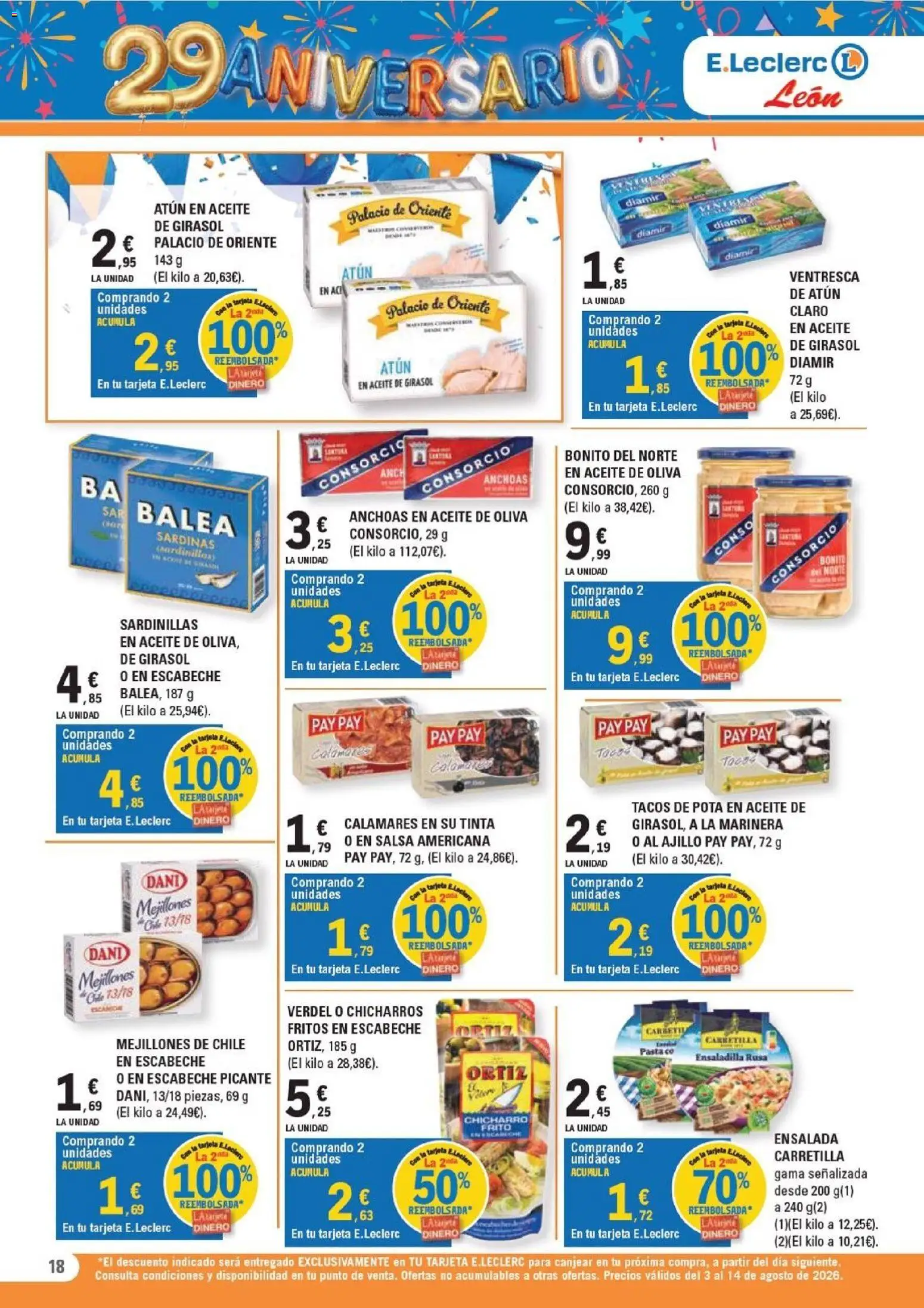 E.Leclerc - León │ válido desde el 03/08/2026 | Página: 18 | Productos: Ensaladilla, Pasta, Aceite de oliva, Aceite de girasol