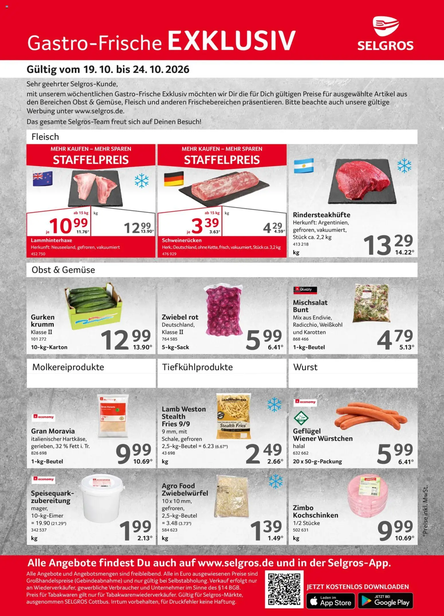 Selgros Gastro Angebote – gültig ab 19.10.2026 | Seite: 1 | Produkte: Wiener wurstchen, Obst, Fleisch, Speisequark
