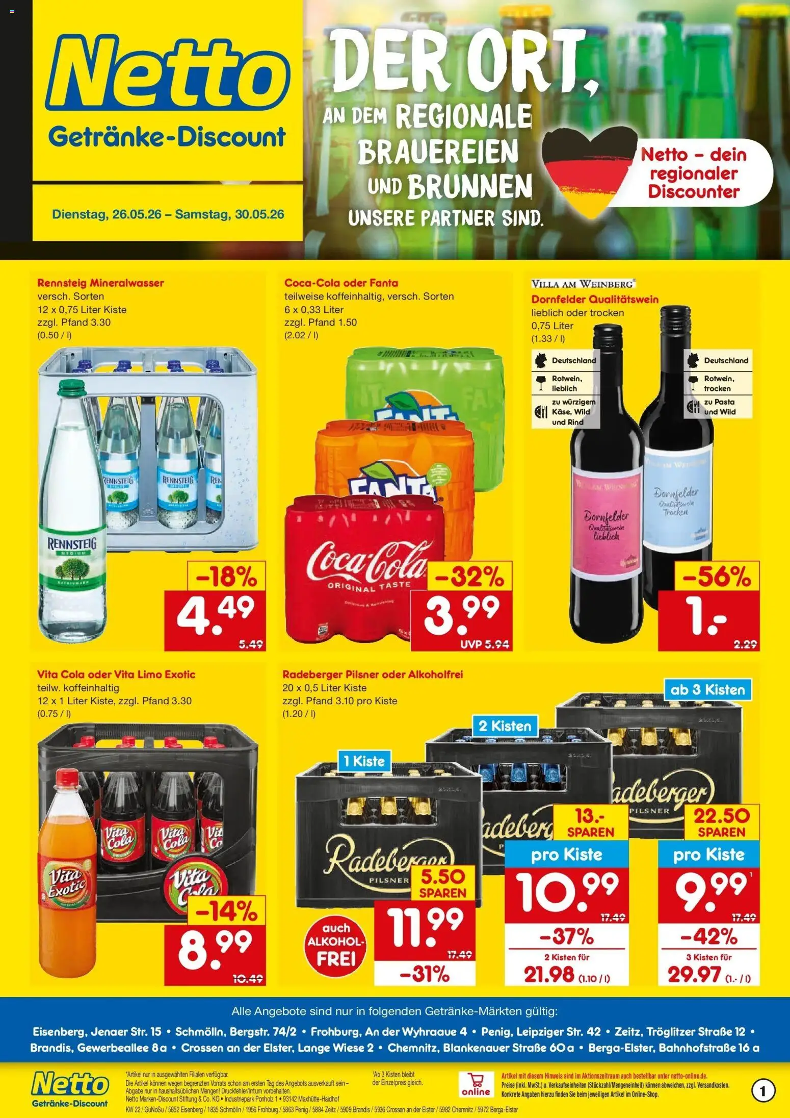 Netto Marken-Discount Prospekt Crossen An Der Elster – gültig ab 26.05.2026 | Seite: 1 | Produkte: Fanta, Vita cola, Pasta, Radeberger pilsner
