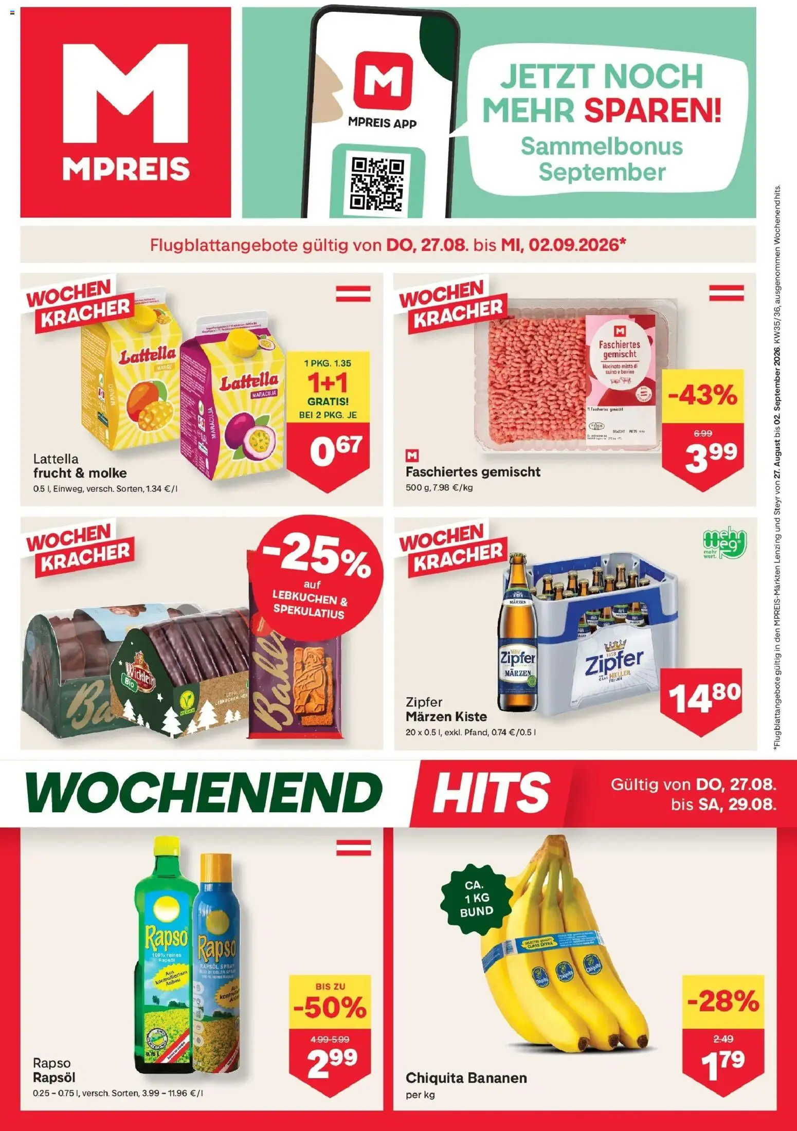 MPREIS Steyr von 27.08.2026 - Aktuelle Angebote | Seite: 1 | Produkte: Mango, Gewicht, Rapsöl, Lebkuchen