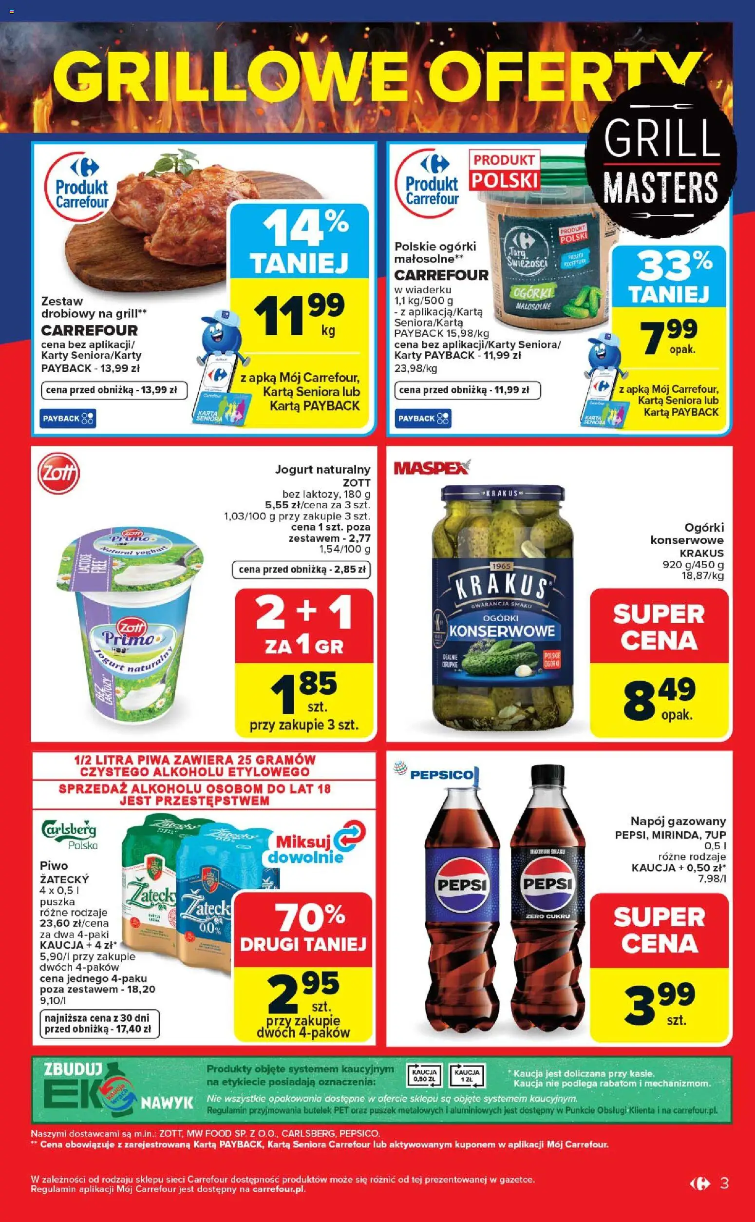 Carrefour gazetka - Weekend okazji od 14.05.2026 | Strona: 3 | Produkty: Jogurt naturalny, Pepsi, Piwo, Ogórki