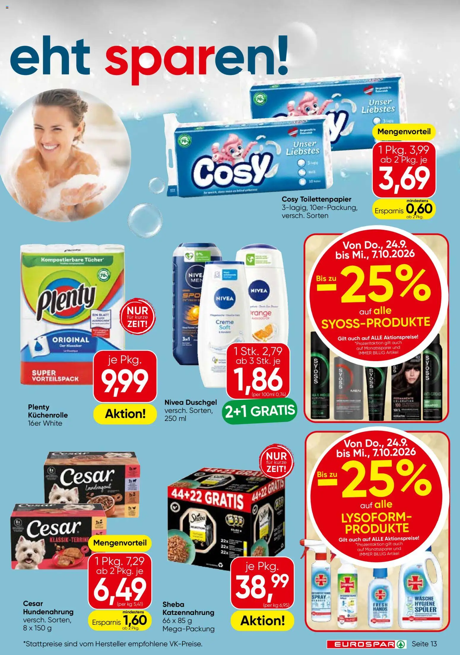 Eurospar Flugblatt gültig ab 24.09.2026 | Seite: 13 | Produkte: Creme, Duschgel