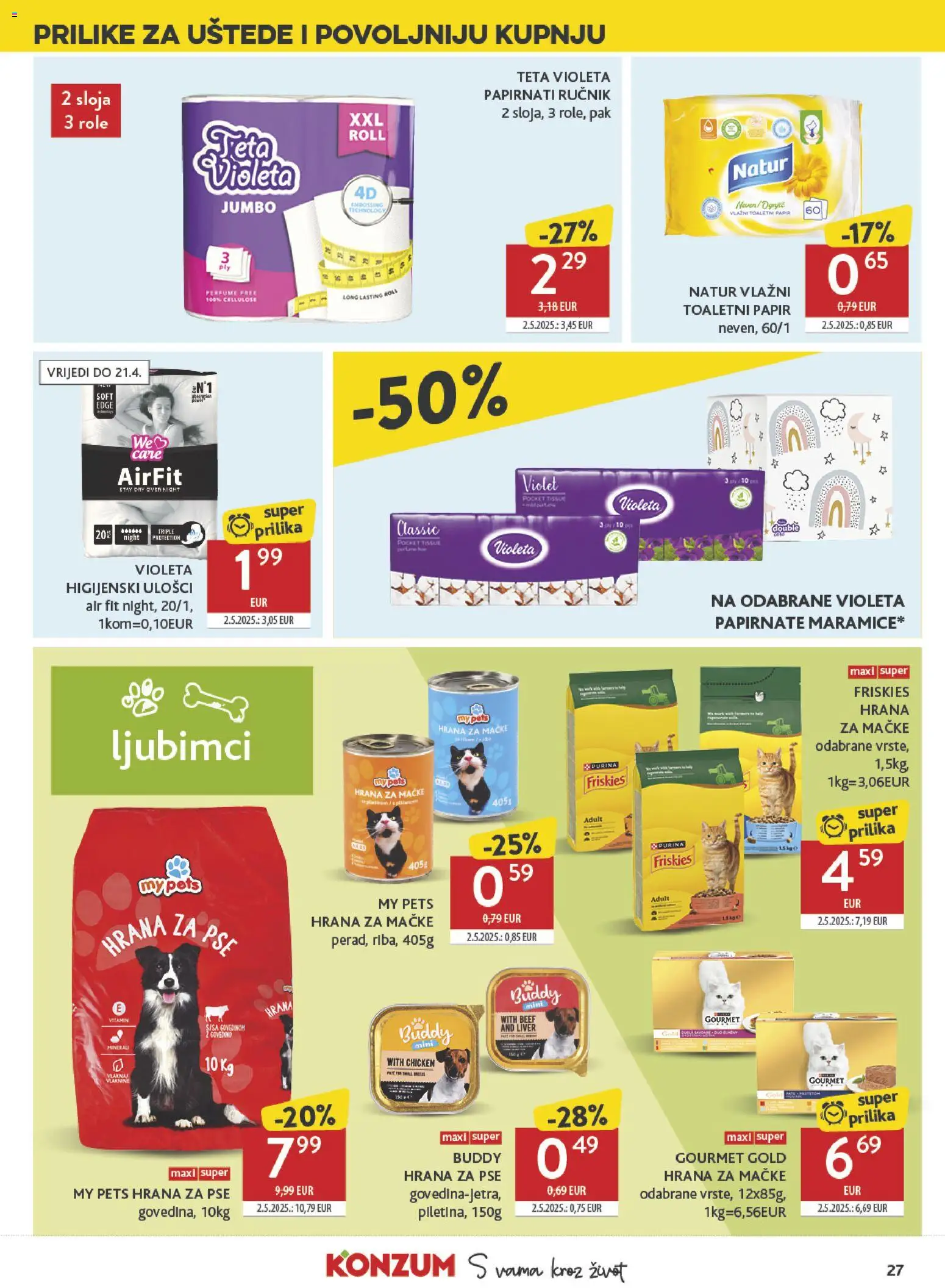Konzum katalog | vrijedi od 08.04.2026 | Stranica: 27 | Proizvodi: Role, Higijenski ulošci, Toaletni papir, Hrana za mačke