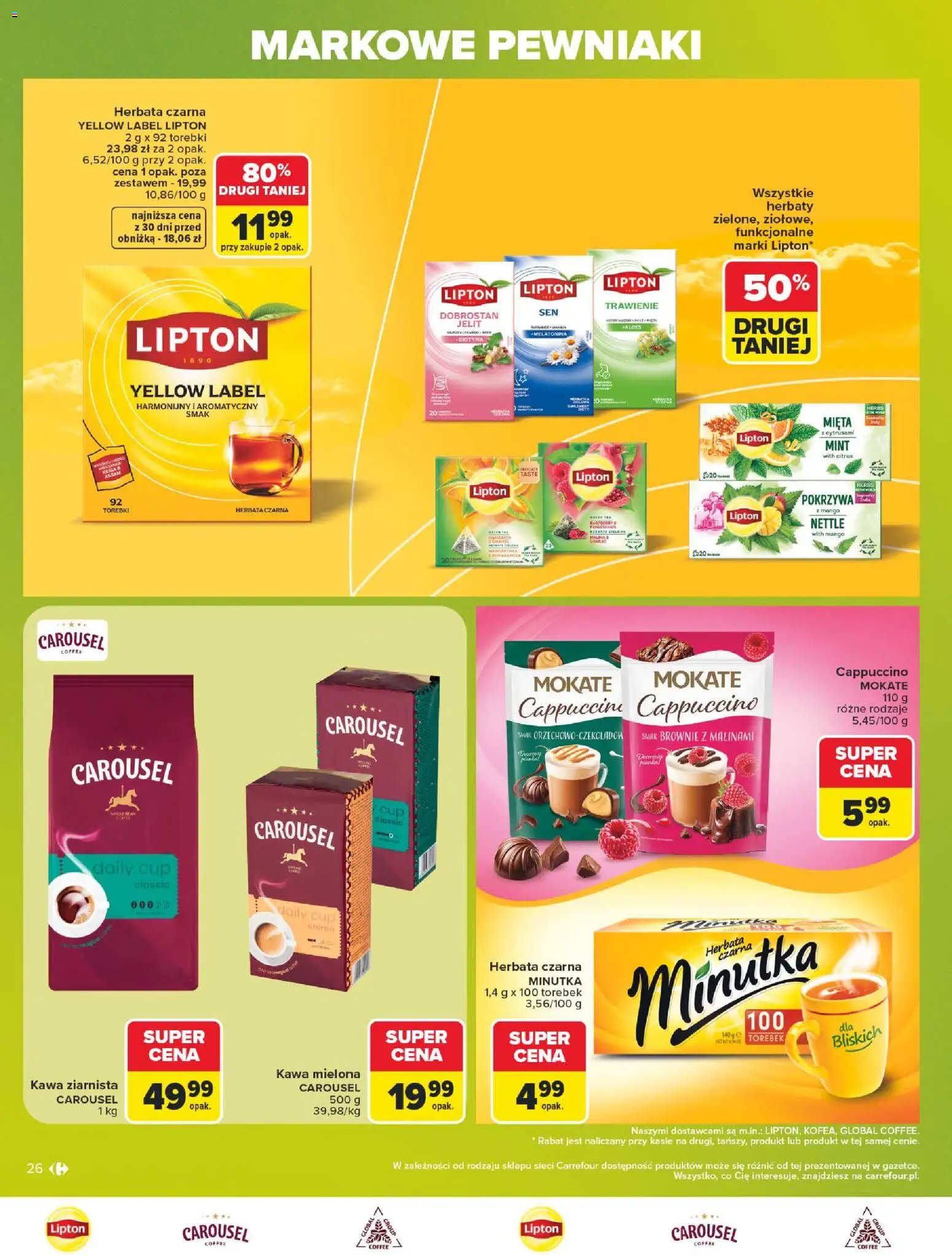 Carrefour gazetka - Markowe pewniaki od 20.07.2026 | Strona: 26 | Produkty: Kawa ziarnista, Cappuccino, Brownie, Herbata