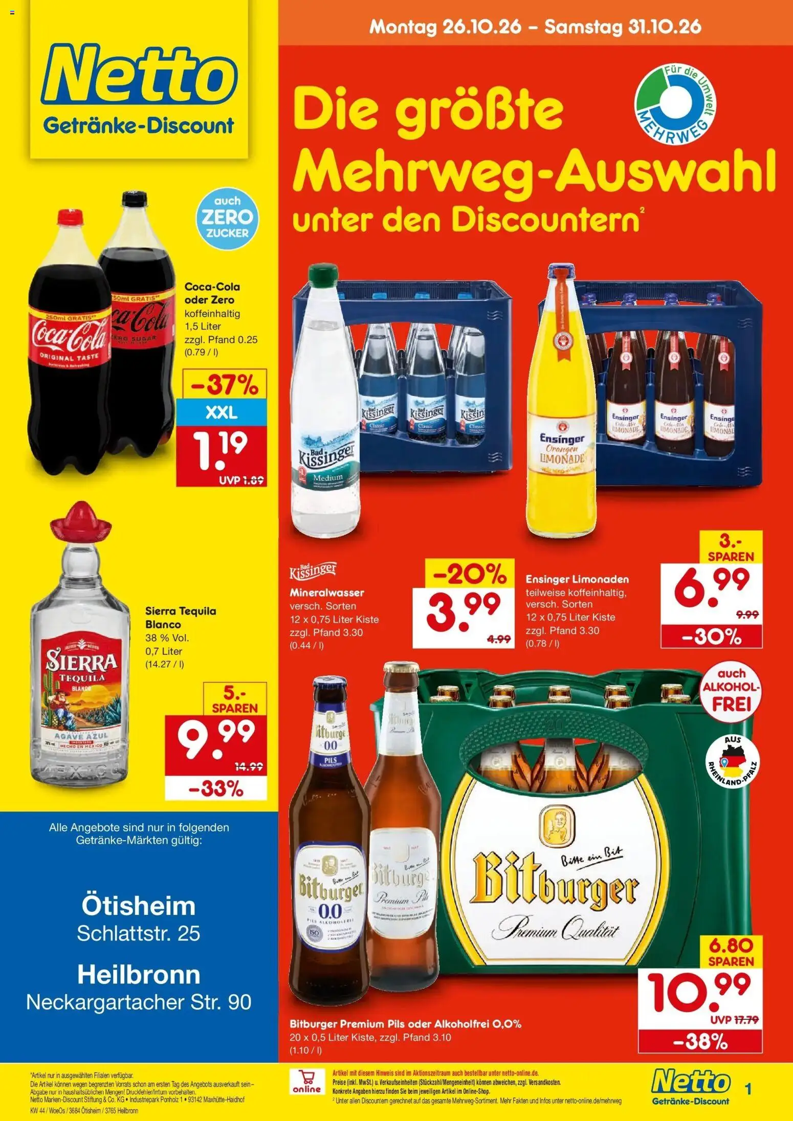 Netto Marken-Discount Prospekt Ötisheim – gültig ab 26.10.2026 | Seite: 1 | Produkte: Pils, Tequila, Alkohol, Zucker