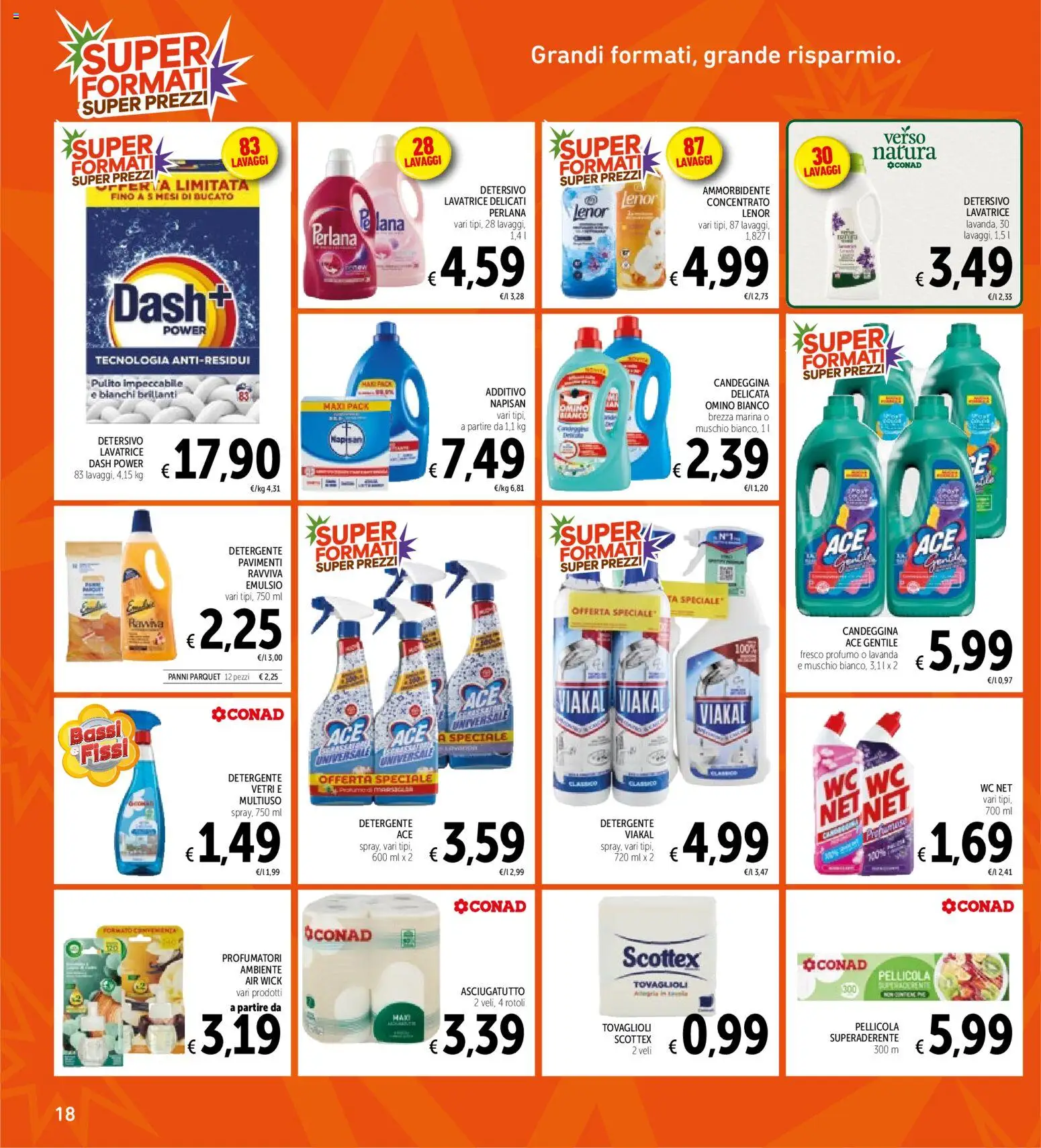 Volantino Spazio Conad del 14/07/2026 | Pagina: 18 | Prodotti: Detergente, Lavatrice, Pellicola, WC
