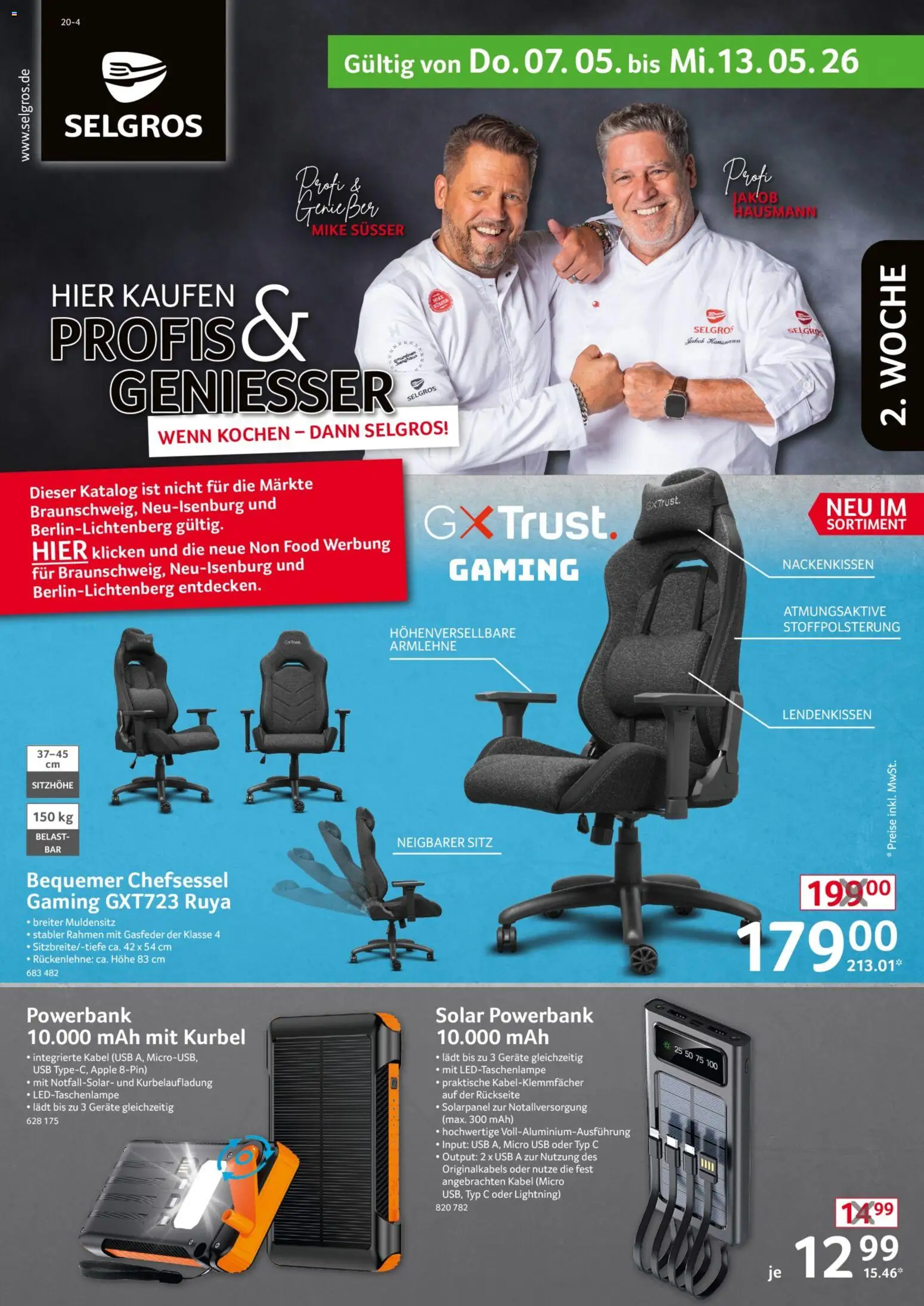 Selgros Non Food – gültig ab 07.05.2026 | Seite: 1 | Produkte: Kabel, USB, Chefsessel, Powerbank