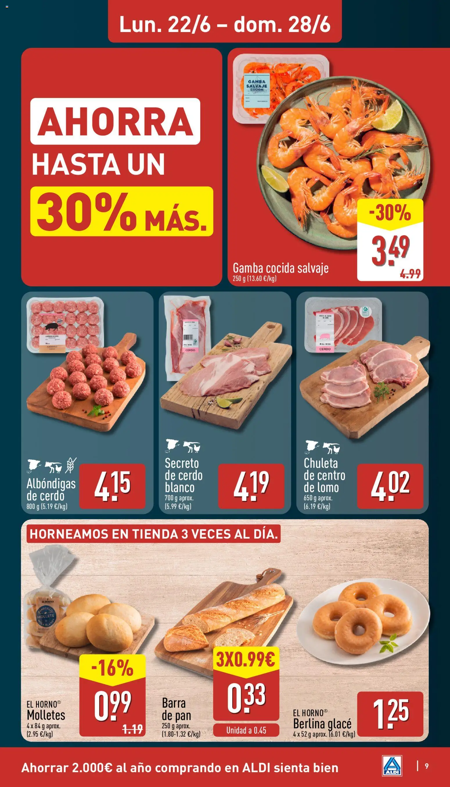 Aldi folleto Baleares │ válido desde el 22.06.2026 | Página: 9 | Productos: Pan, Cerdo, Donuts, Gamba