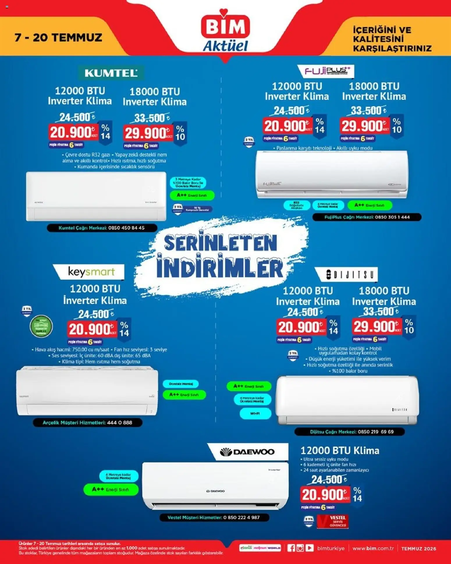BİM - KLİMA, İndirim - 07 Temmuz 2026 tarihinden itibaren geçerlidir | Sayfa: 1 | Ürünler: Saat, Ses, Klima, Fan