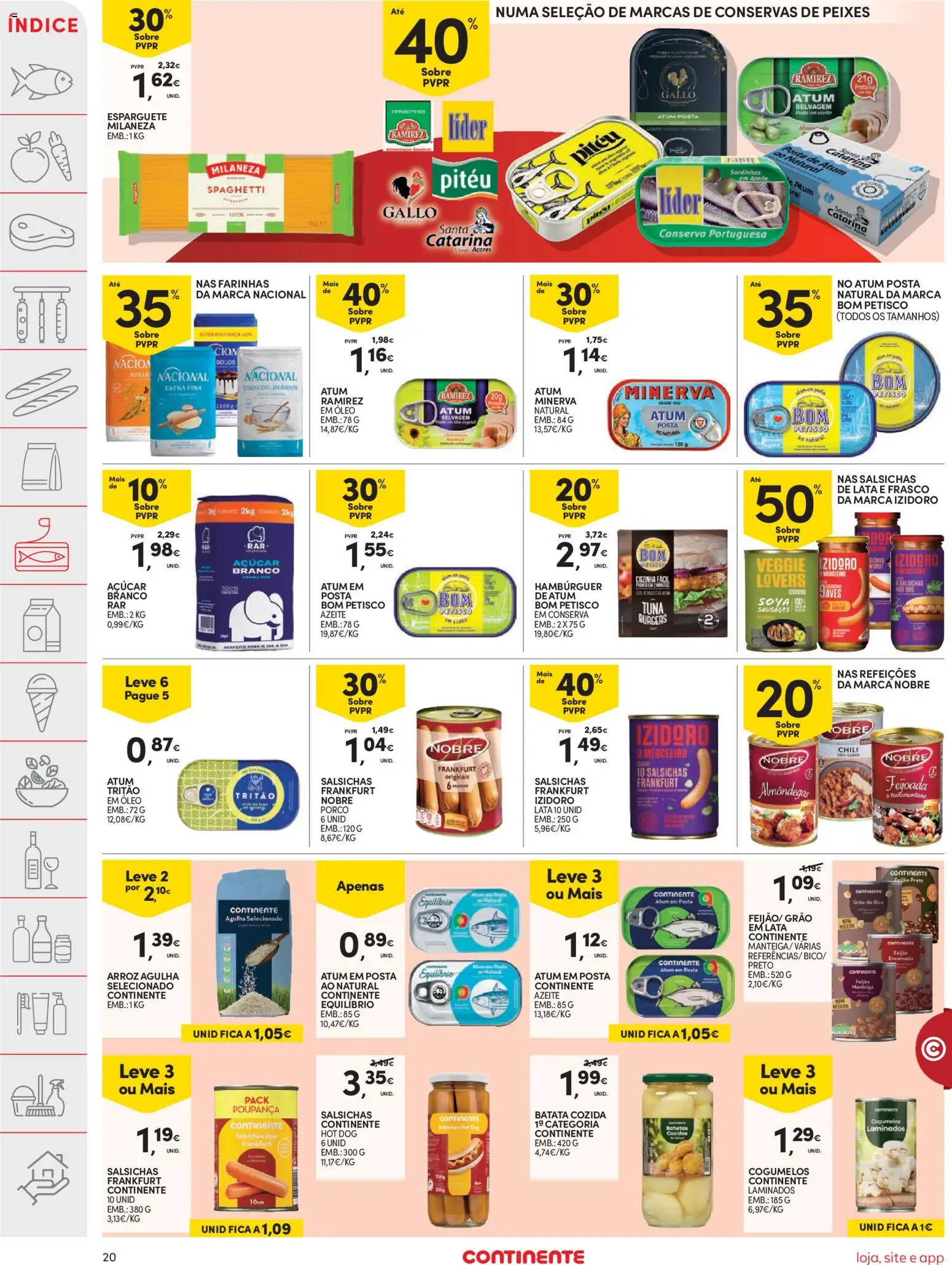 Continente folheto │ válido de 18/08/2026 | Página: 20 | Produtos: Esparguete, Hambúrguer, Sardinhas, Óleo