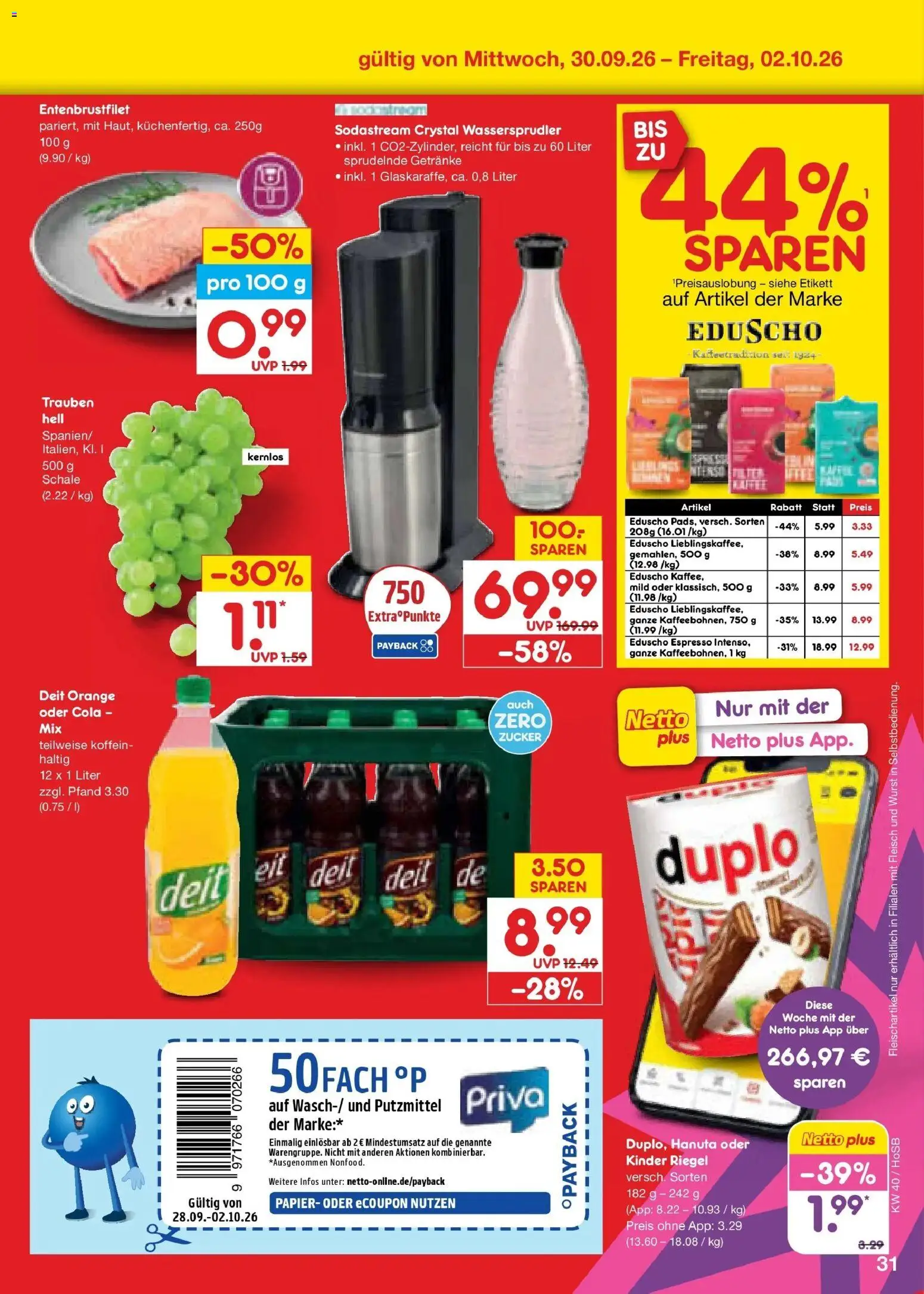 Netto Marken-Discount Prospekt Hannover – gültig ab 28.09.2026 | Seite: 49 | Produkte: Trauben, Kinder riegel, Fleisch, Sodastream
