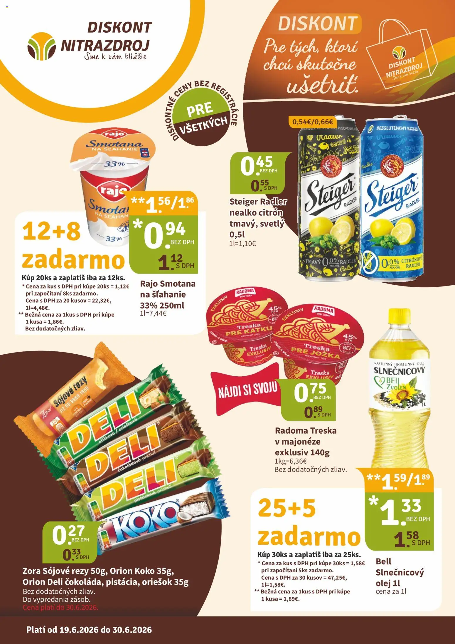Nové Nitrazdroj akcie – leták je platný od 19.06.2026 | Strana: 1 | Produkty: Smotana, Radler, Ryba, Treska