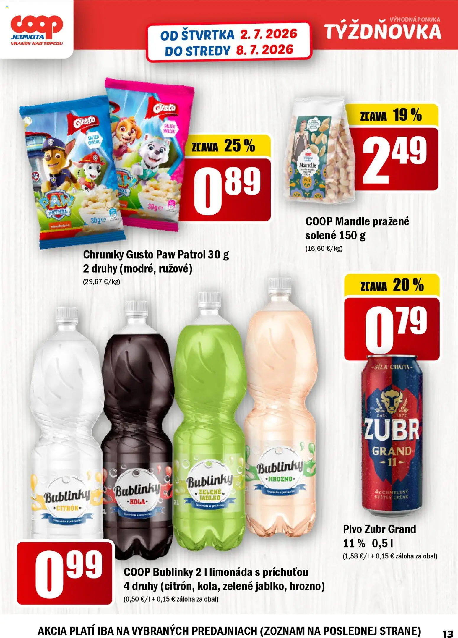 Nové COOP Jednota akcie – leták je platný od 02.07.2026 | Strana: 13 | Produkty: Pivo, Mandle, Hrozno