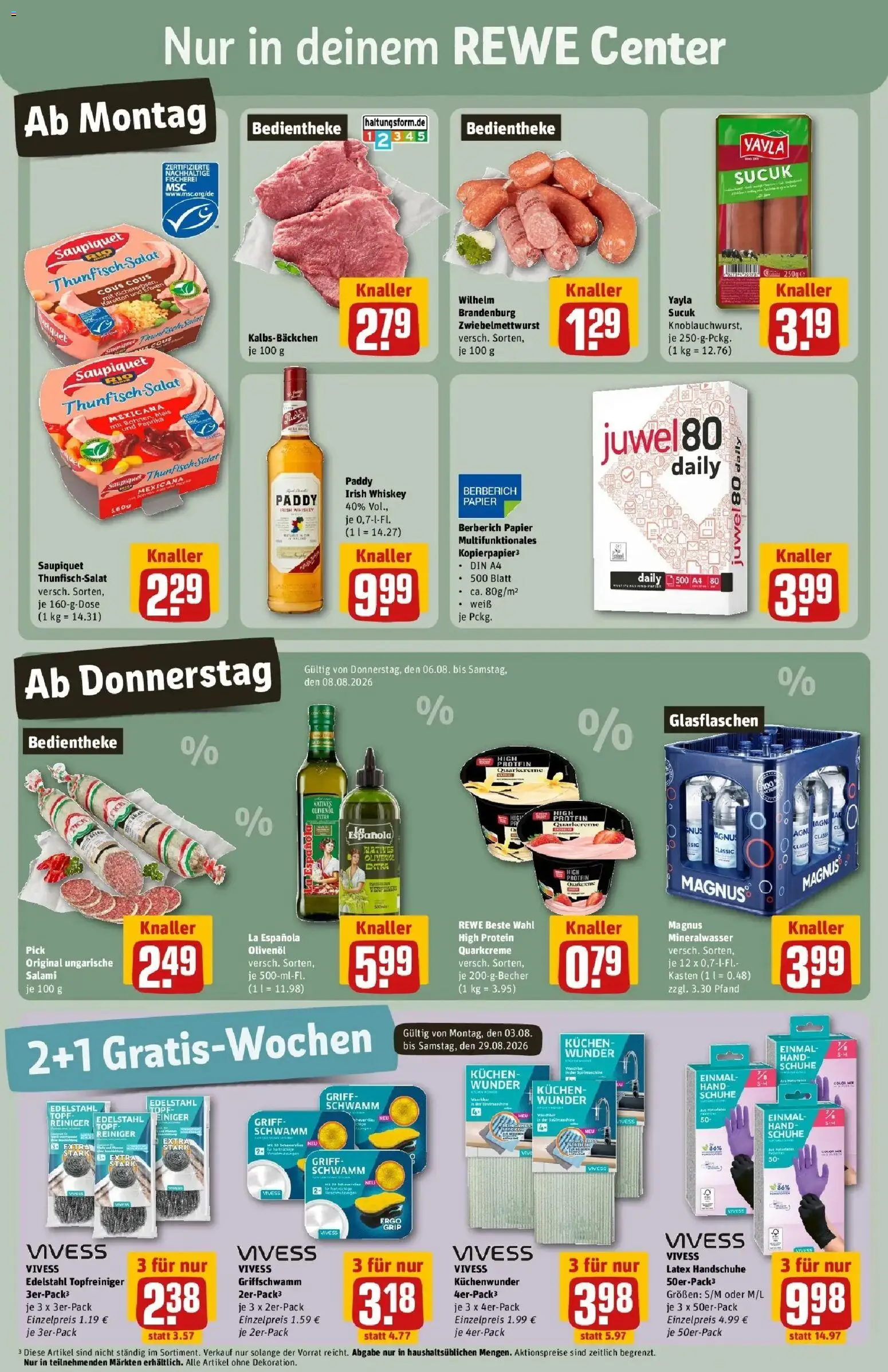REWE Prospekt ab 03.08.2026 zum Blättern » Angebote | Seite: 3 | Produkte: Thunfisch, Salami, Handschuhe, Salat