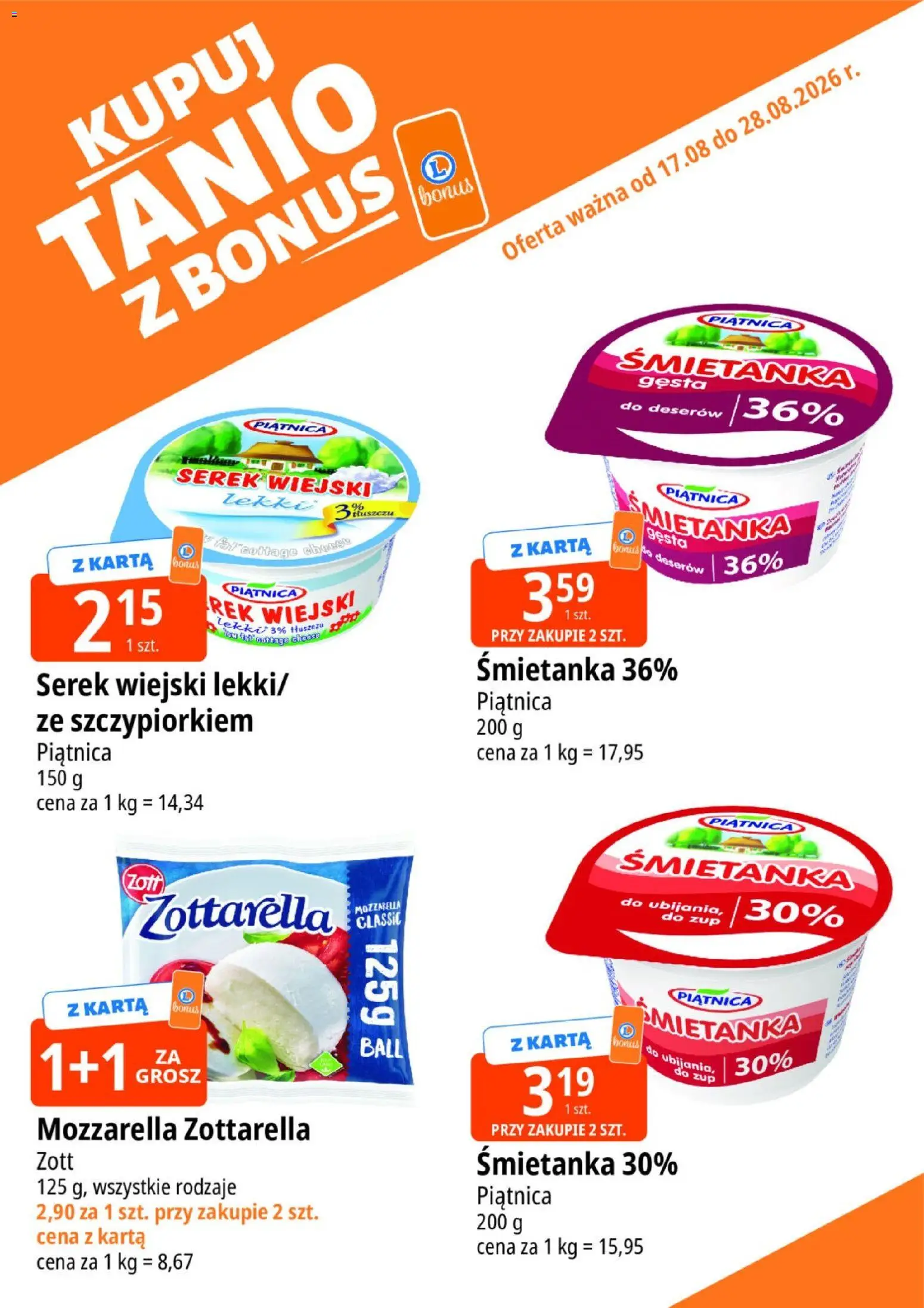E.Leclerc gazetka - Kupuj Tanio Z Bonus od 17.08.2026 | Strona: 11 | Produkty: Serek, Piątnica, Serek wiejski, Mozzarella