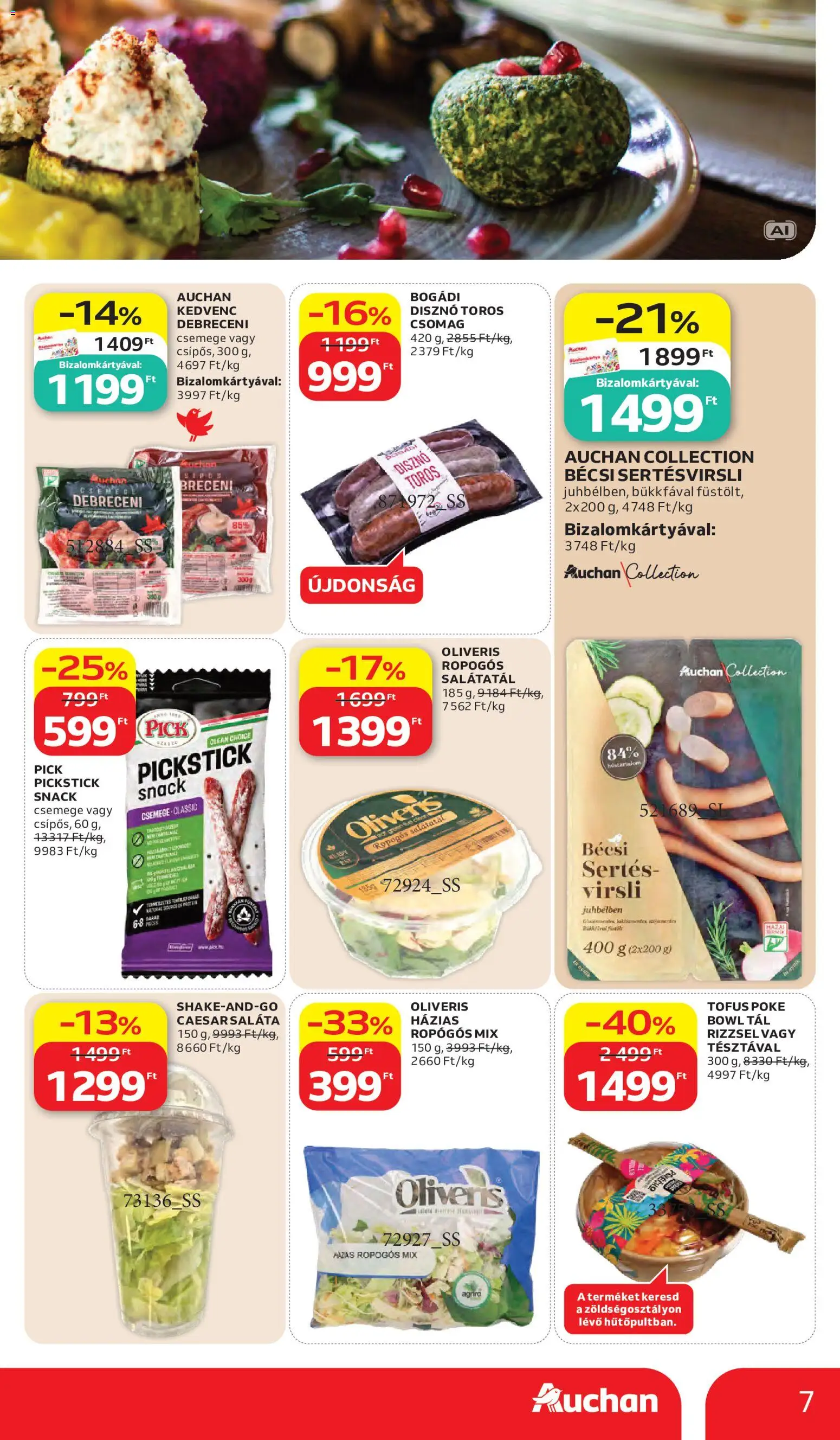 Auchan akciós ujság - amely érvényes a következő dátumtól: 2026.10.15. | Oldal: 7 | Termékek: Virsli, Debreceni, Pick, Saláta