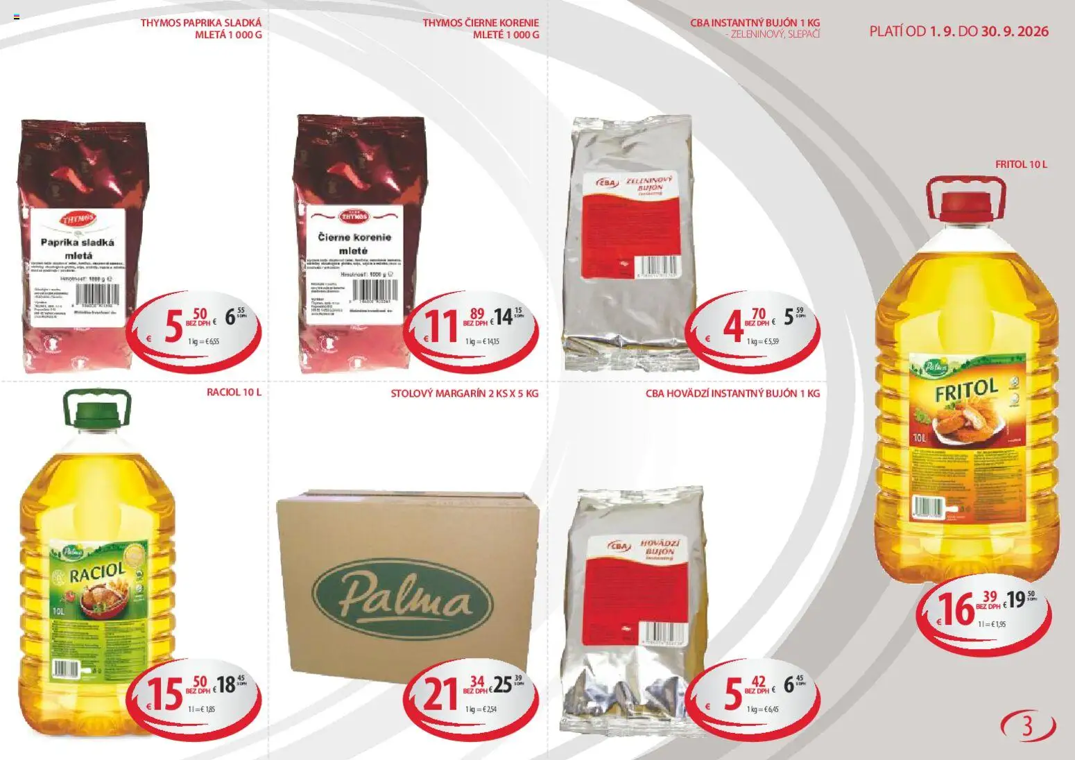 Nové CBA Komfos akcie – leták je platný od 01.09.2026 | Strana: 3 | Produkty: Paprika, Bujón, Margarín, Korenie