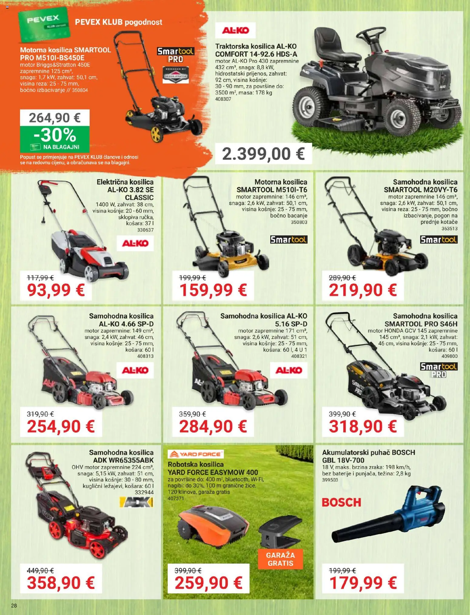 Pevex katalog | vrijedi od 27.08.2026 | Stranica: 28 | Proizvodi: Kosilica, Košara, Baterije, Traktorska kosilica