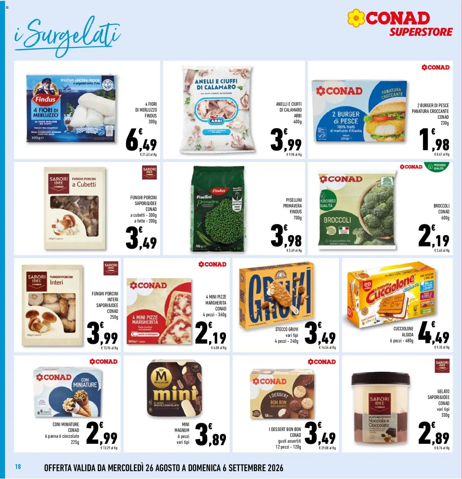 Volantino Conad del 26/08/2026 | Pagina: 18 | Prodotti: Pesce, Merluzzo, Magnum, Gelato