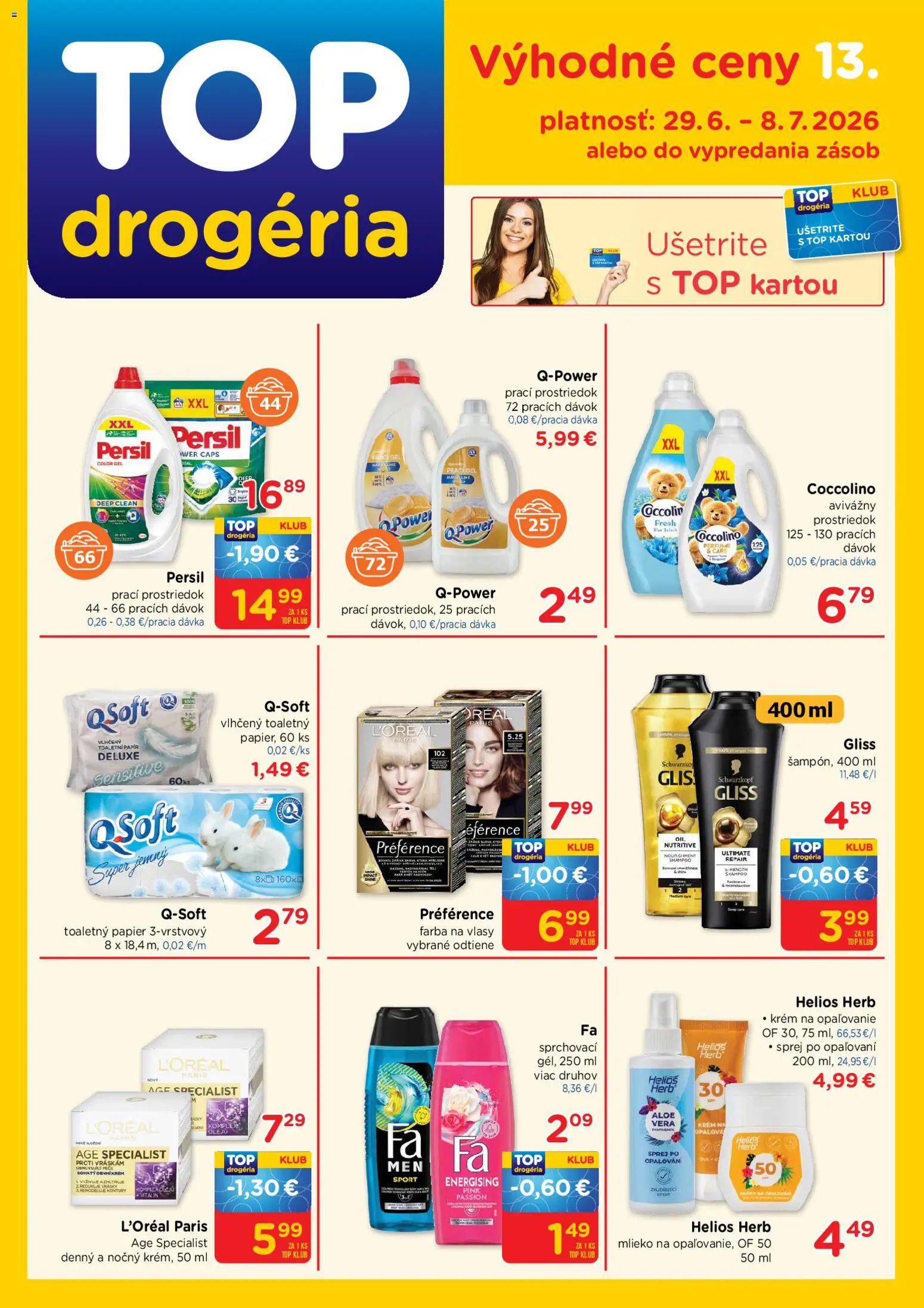 Nové TOP Drogéria akcie – leták je platný od 29.06.2026 | Strana: 1 | Produkty: Mlieko, Persil, Toaletný papier, Farba na vlasy