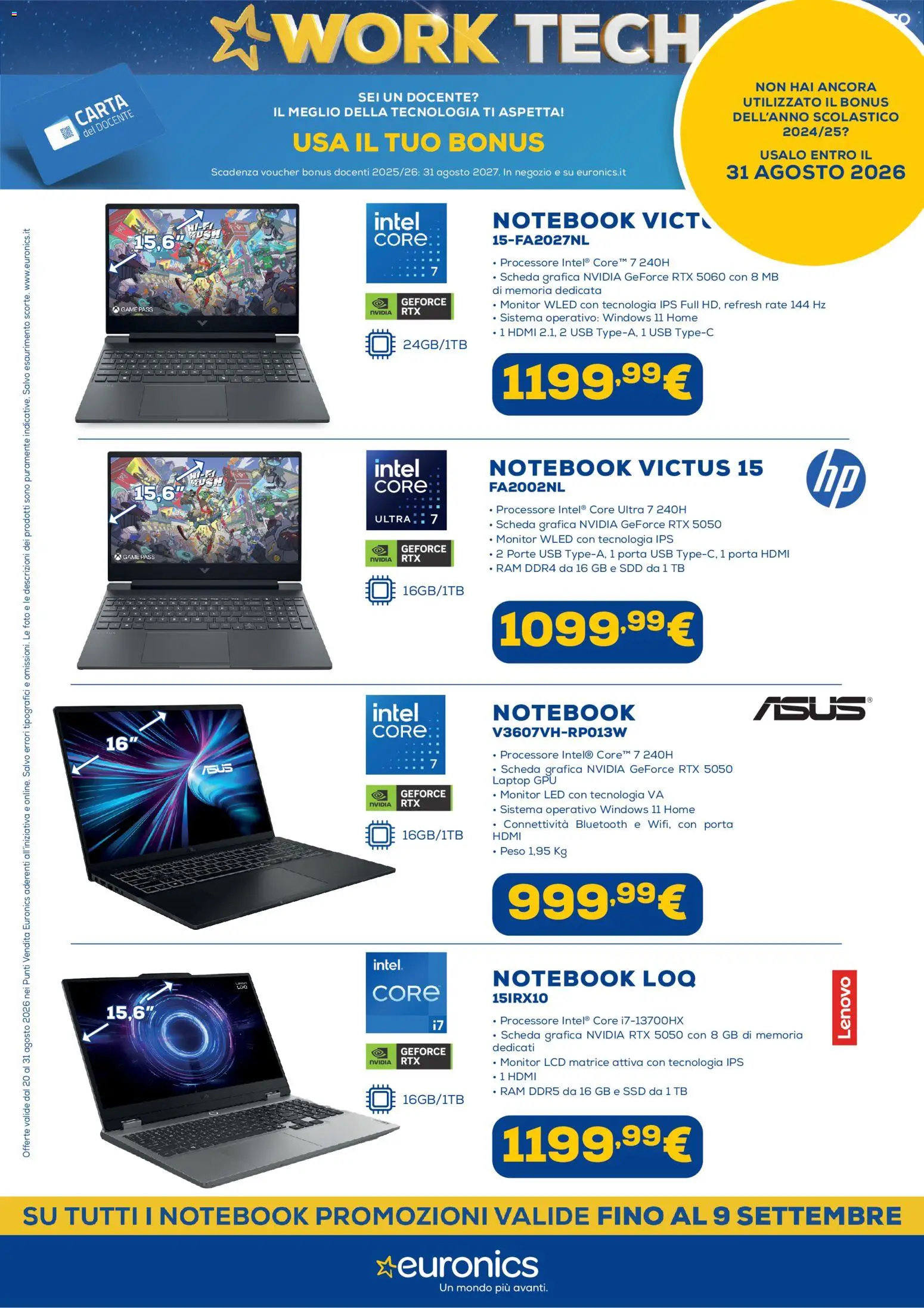 Volantino Euronics del 20/08/2026 | Pagina: 4 | Prodotti: Notebook, Porta, Laptop, USB