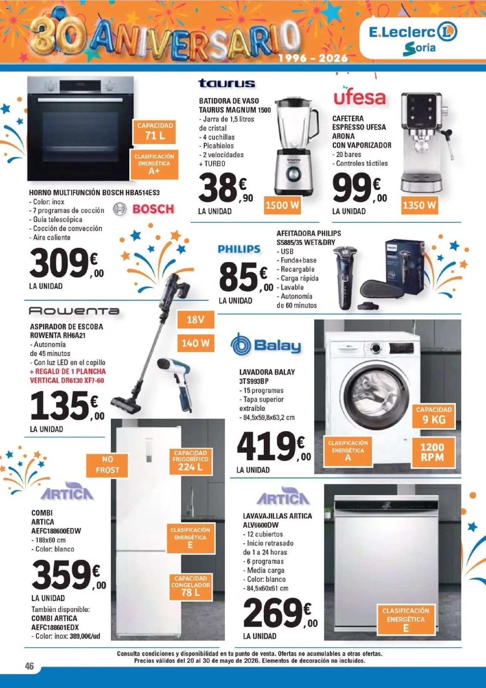 E.Leclerc Soria │ válido desde el 20.05.2026 | Página: 46 | Productos: Cepillo, Escoba, Plancha, Aspirador