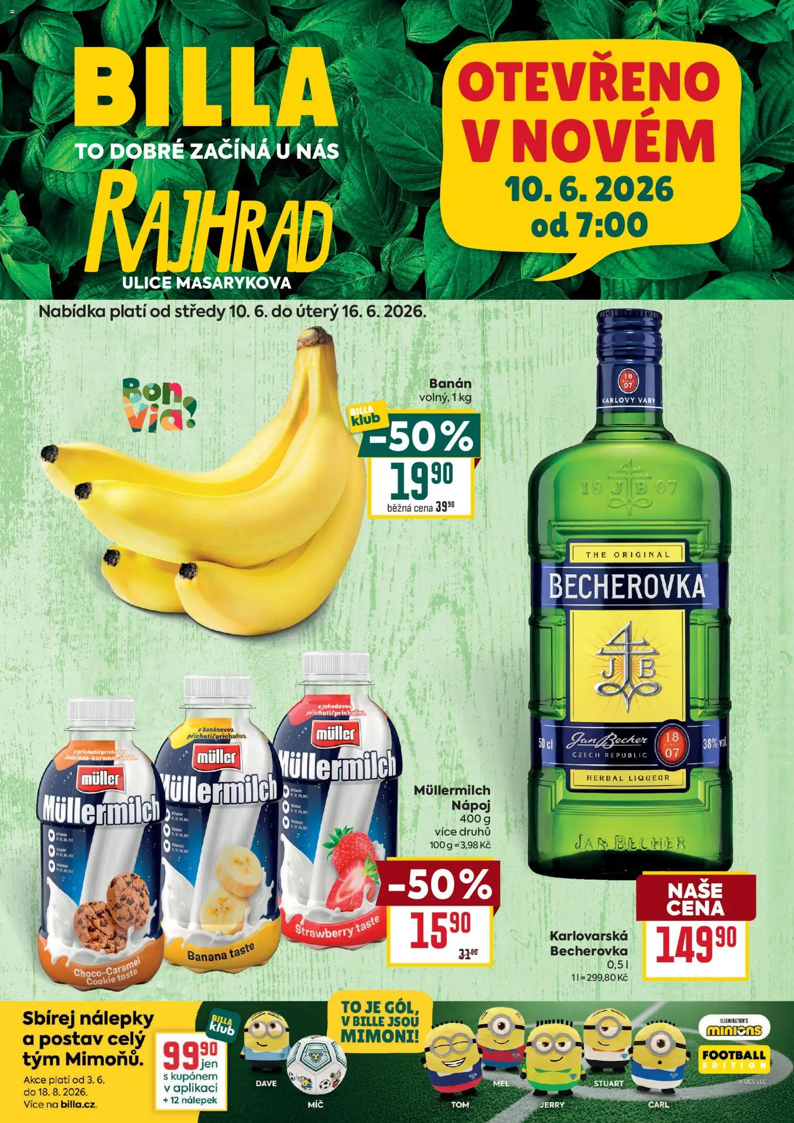 Billa leták - Rajhrad od 10.06.2026 | Strana: 1 | Produkty: Nálepky, Banán, Mimoni, Müllermilch